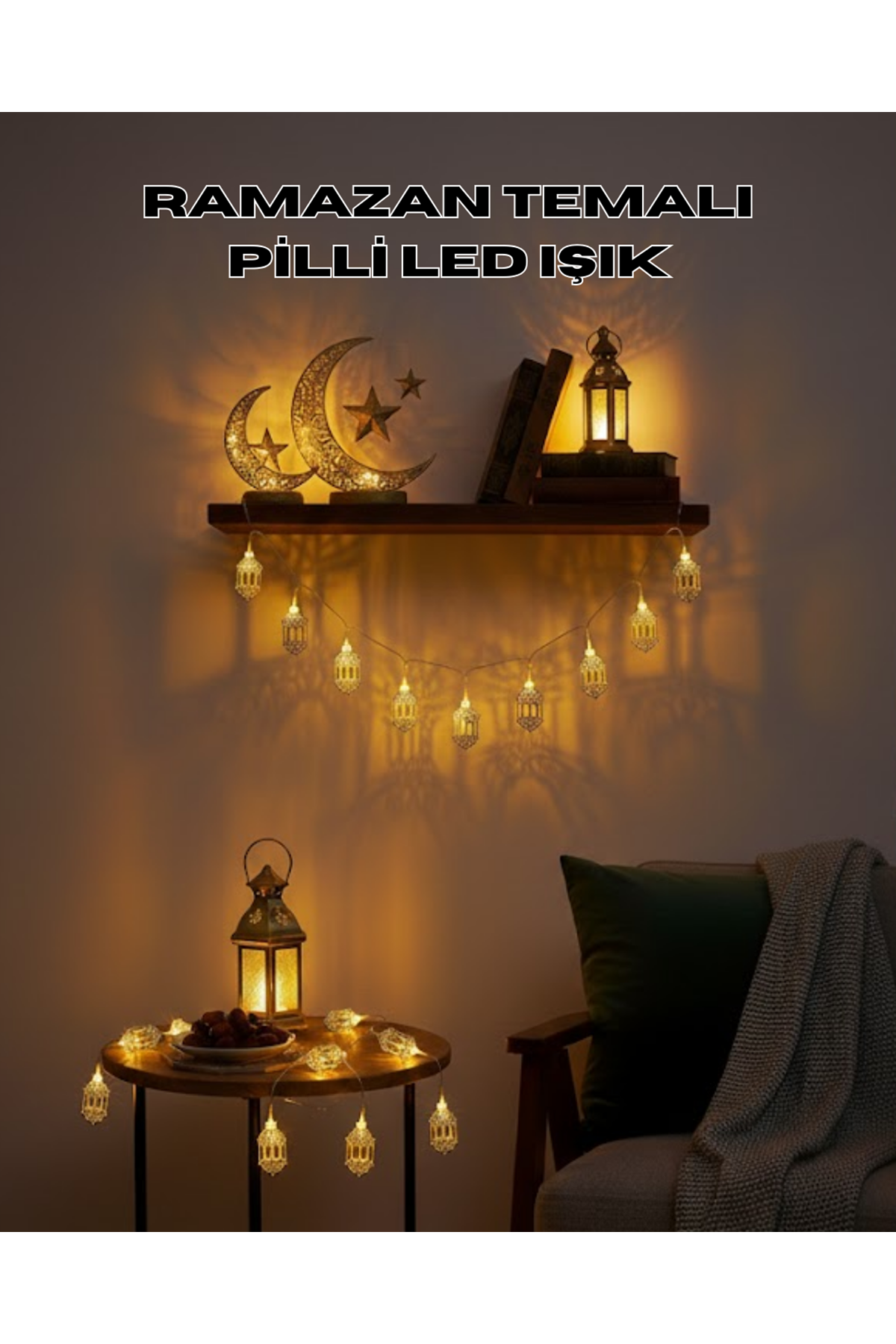 Altın Fener Detaylı Pilli Ramazan LED Işık Ev Dekorasyonu