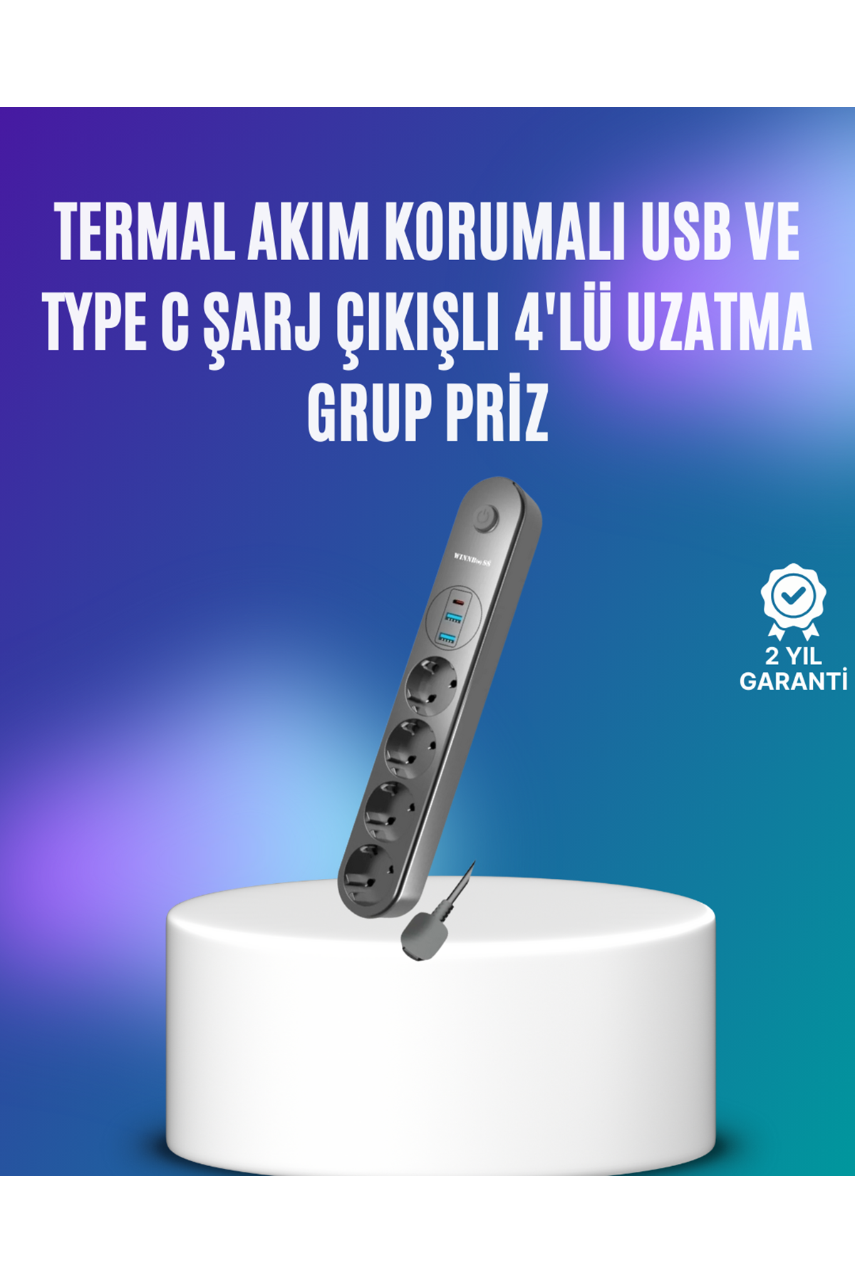 4’lü Çoklu Priz 2 USB Type-C Girişli Akım Korumalı Siyah