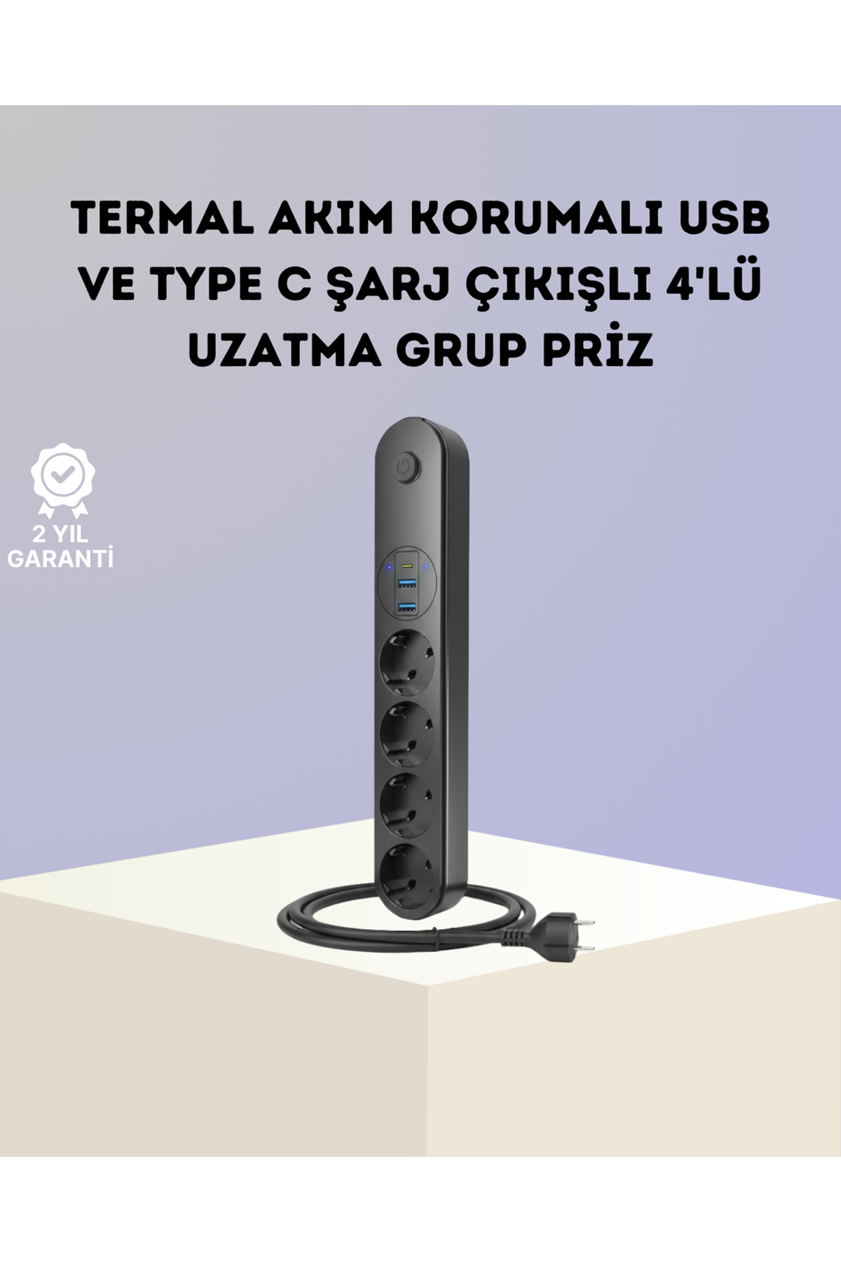 Akım Korumalı Çoklu Priz 4’lü 2 USB 1 Type-C 2500W Güçlü Tasarım