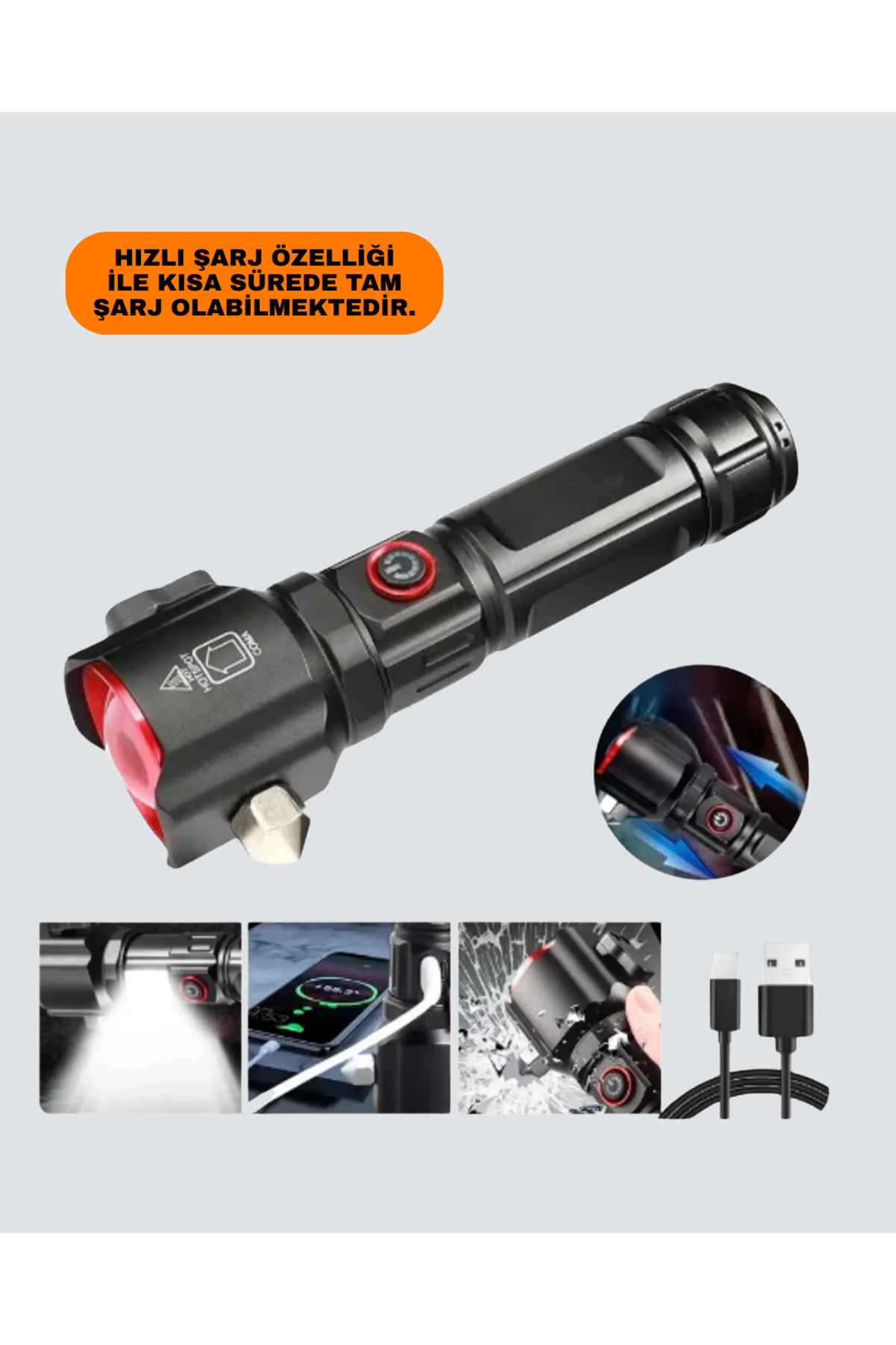 Güçlü Işıklı El Feneri Acil Durum Çekiç ve Pusula