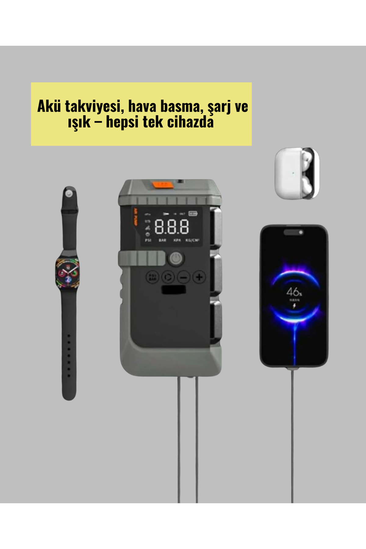 Taşınabilir Akü Takviye Cihazı Işıklı Hava Kompresörü Powerbank