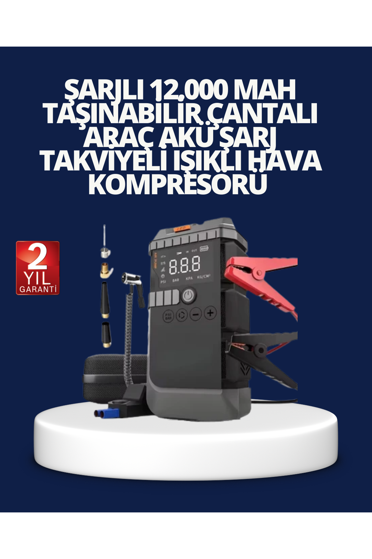 Şarjlı 12000 mAh Araç Akü Takviye ve Hava Kompresörü 4’ü 1 Arada