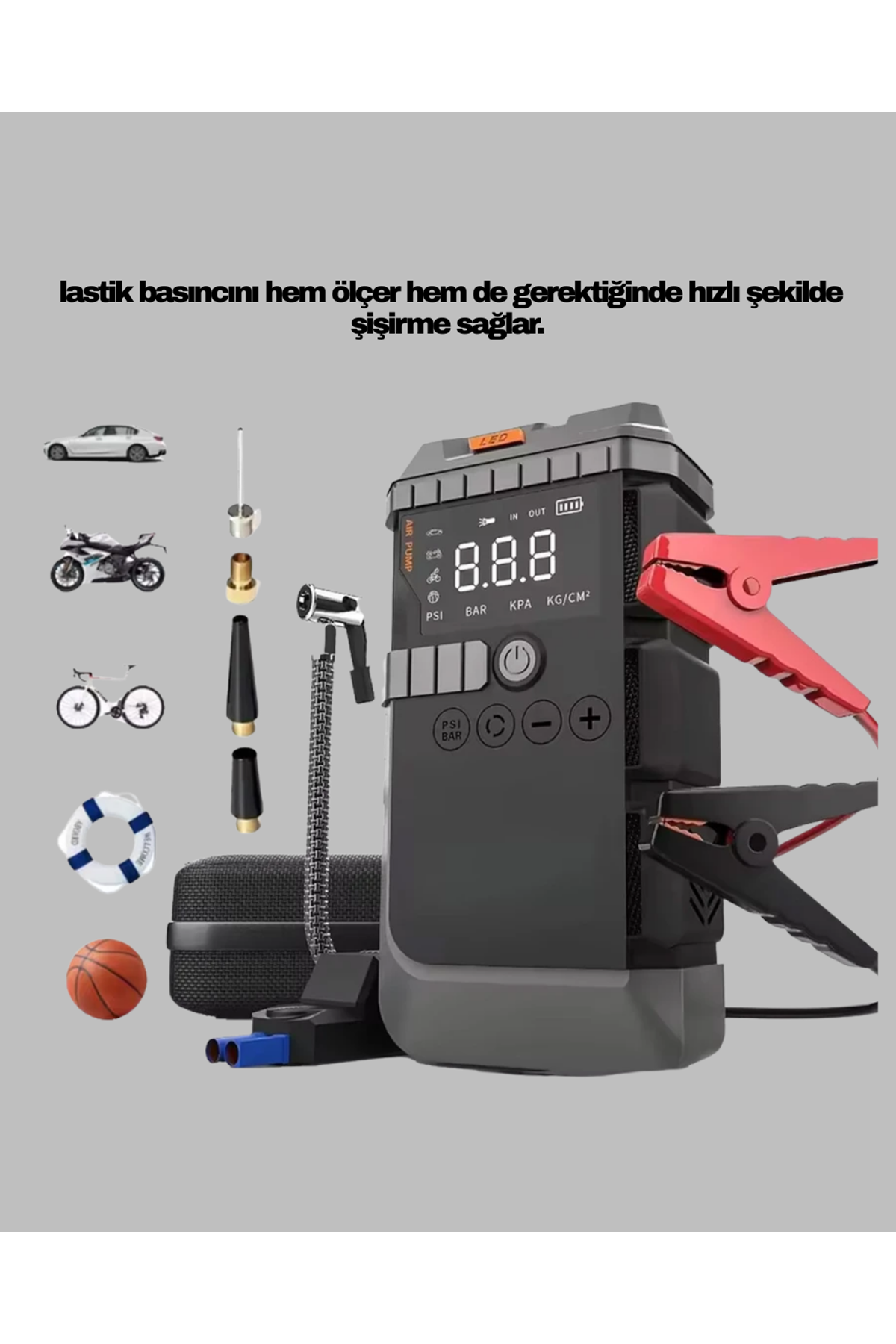 Şarjlı 12000 mAh Araç Akü Takviye ve Hava Kompresörü 4’ü 1 Arada