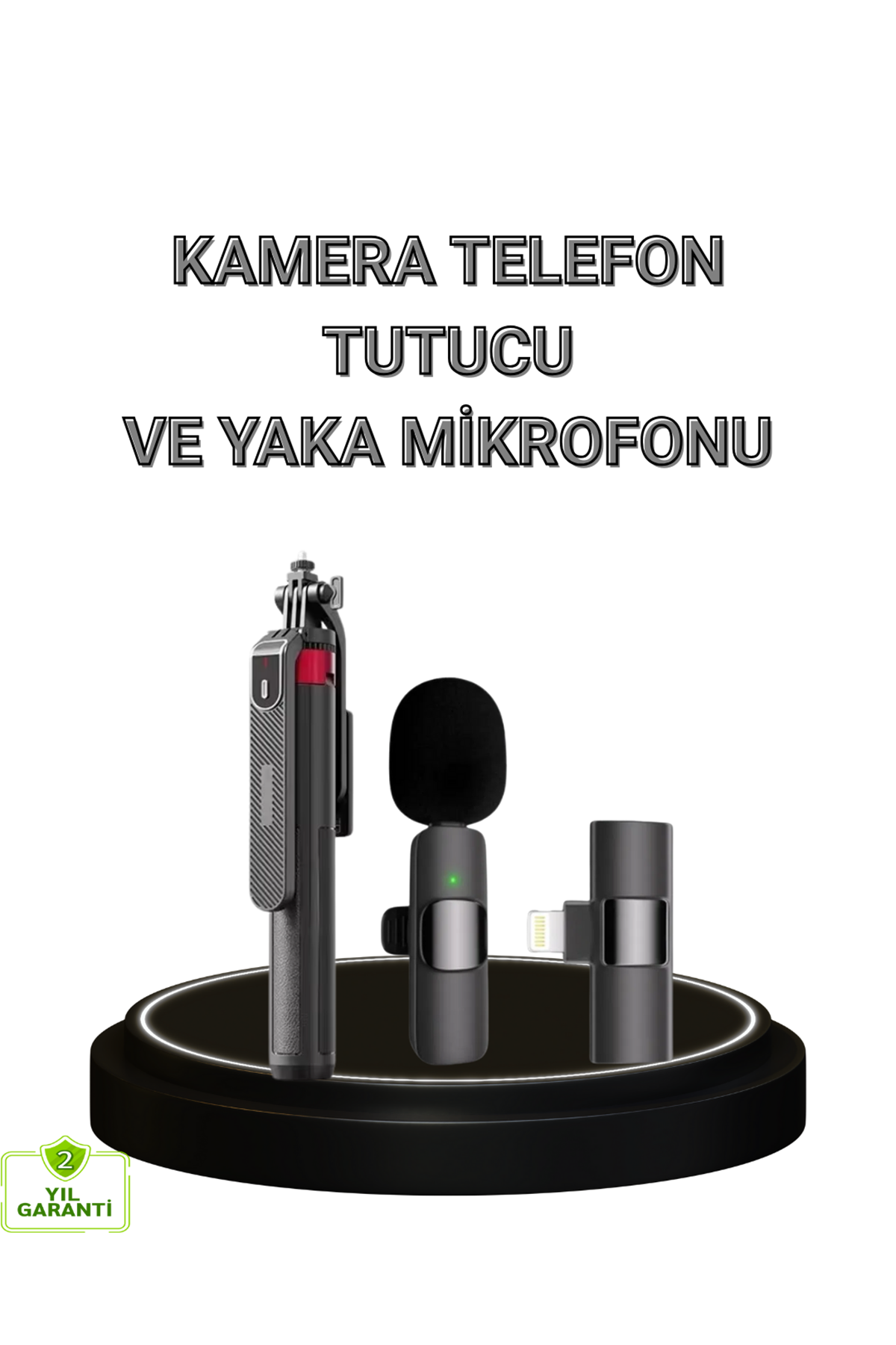 Vlog ve Canlı Yayın İçin Çift Yaka Mikrofonu ve Tripodlu Selfie Çubuğu Seti