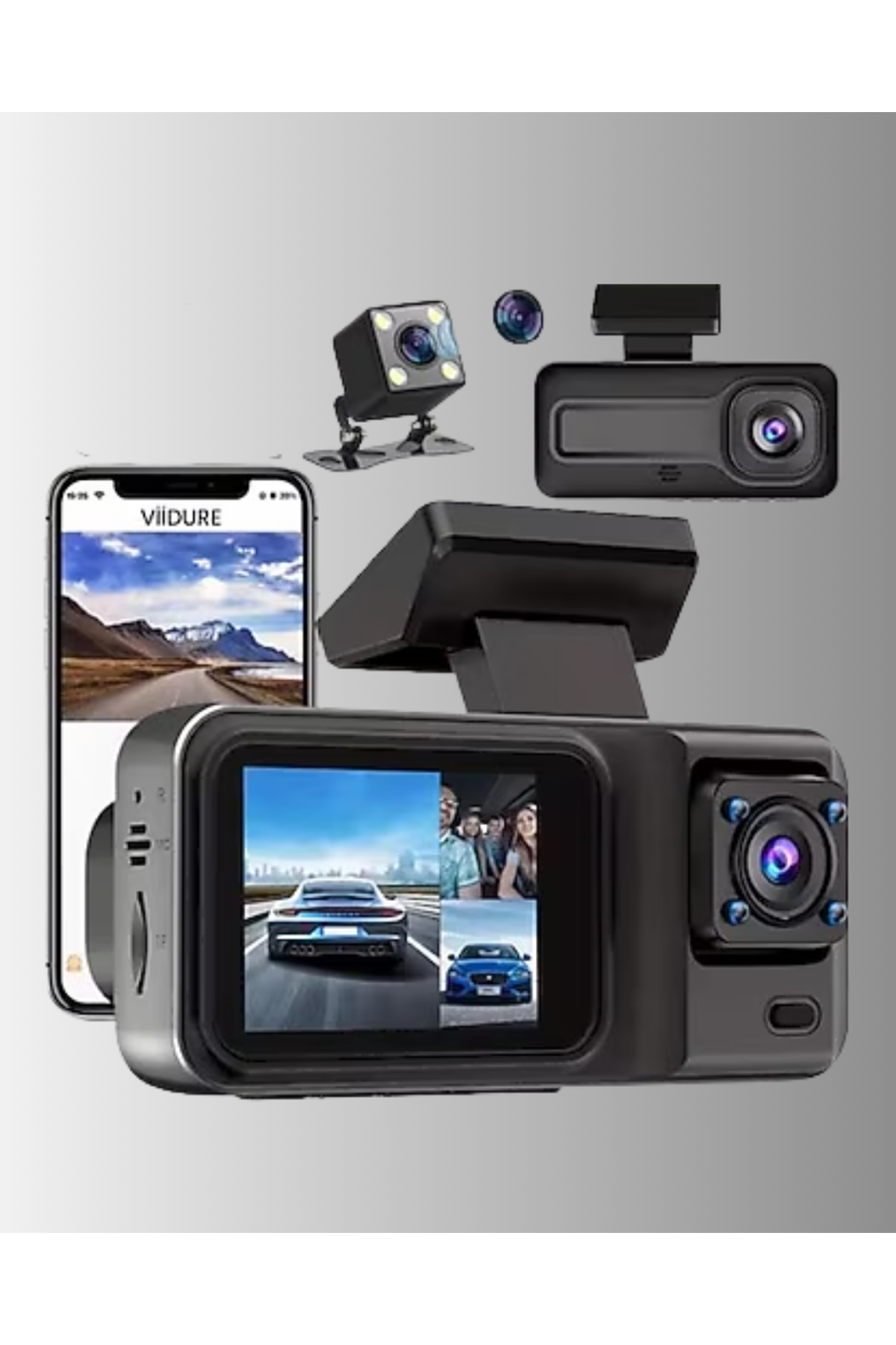 3 Kameralı Araç İçi Kayıt Cihazı 1080P Full HD Gece Görüşlü ve Wi-Fi Bağlantılı