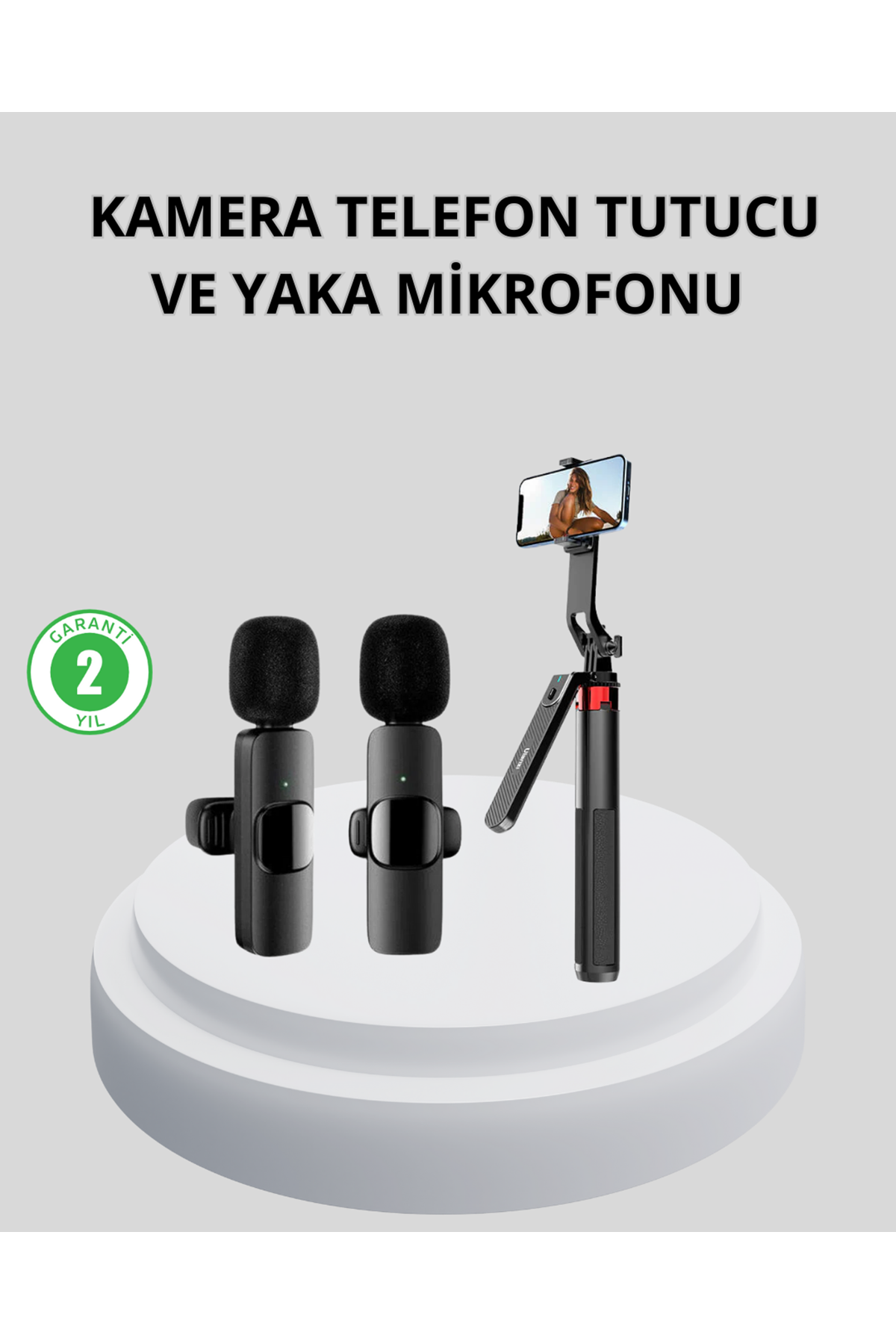 Kablosuz Çift Yaka Mikrofonu ve Tripodlu Selfie Çubuğu İçerik Üretici Seti