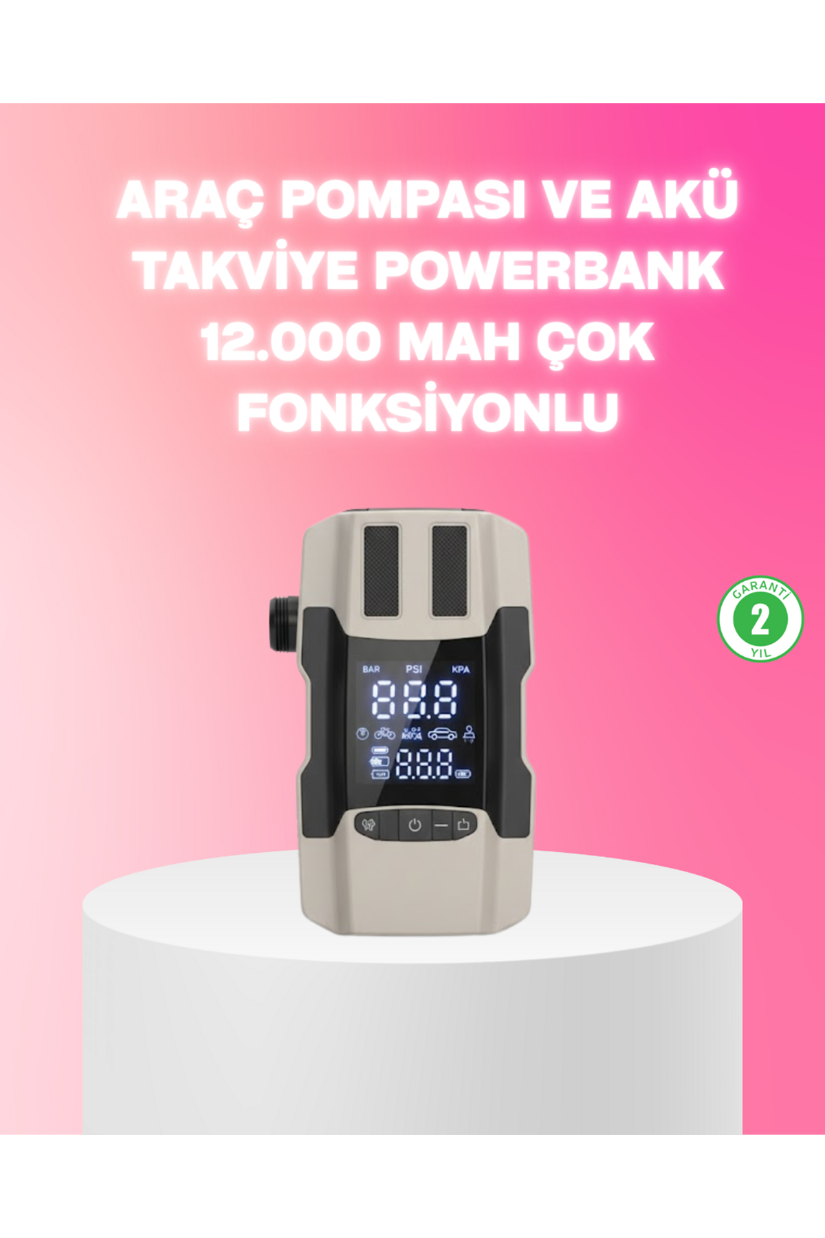 Araç Hava Pompası ve Akü Takviye Powerbank 12.000 mAh Çok Fonksiyonlu