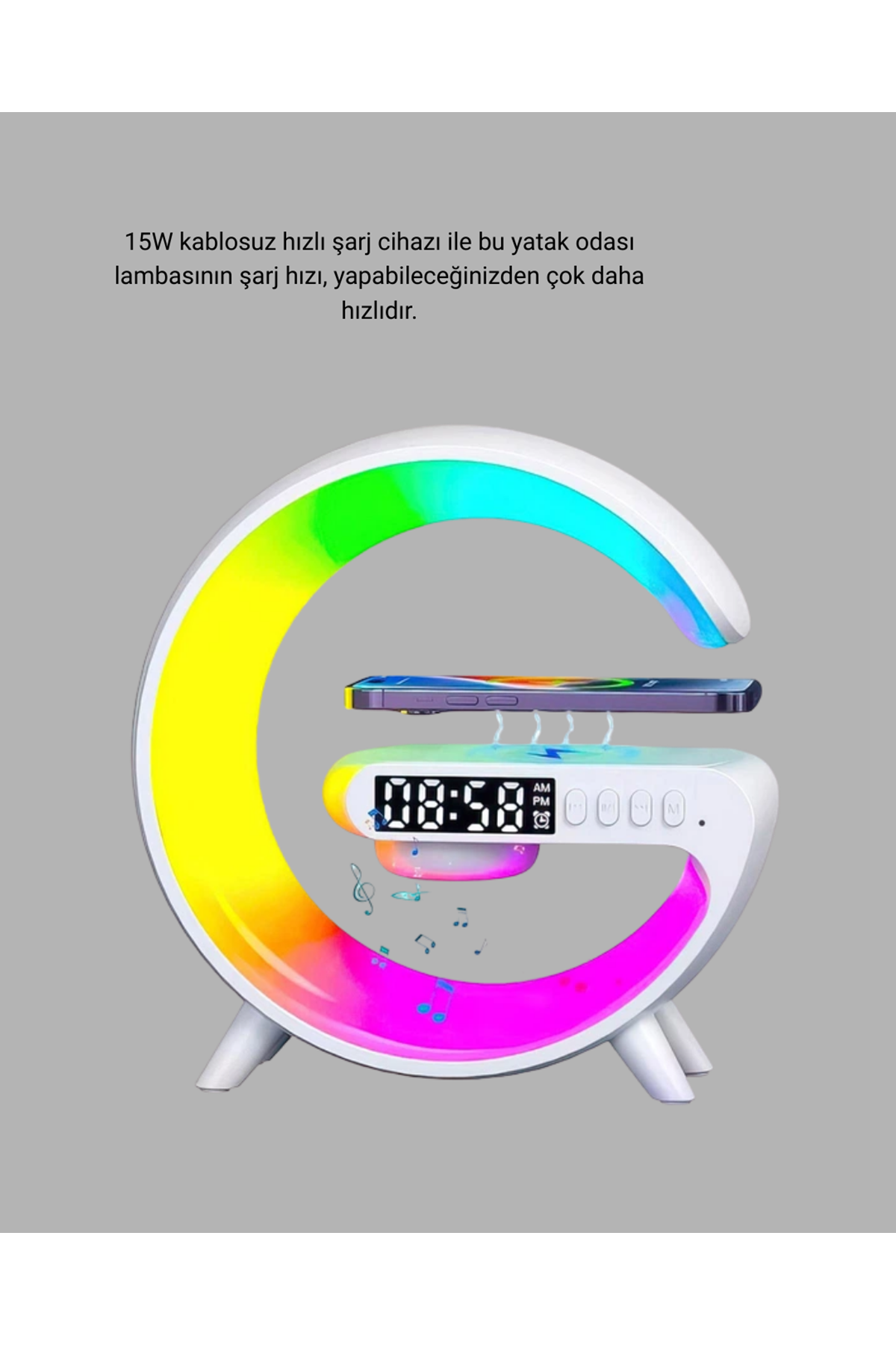 Bluetooth Hoparlörlü RGB Atmosfer Lambası Kablosuz Şarj ve Saat Özellikli