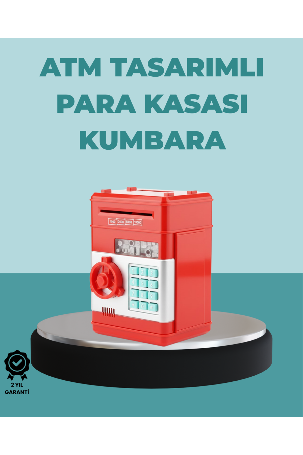 Şifreli Kırmızı ATM Tasarımlı Çelik Kasa Görünümlü Kumbara