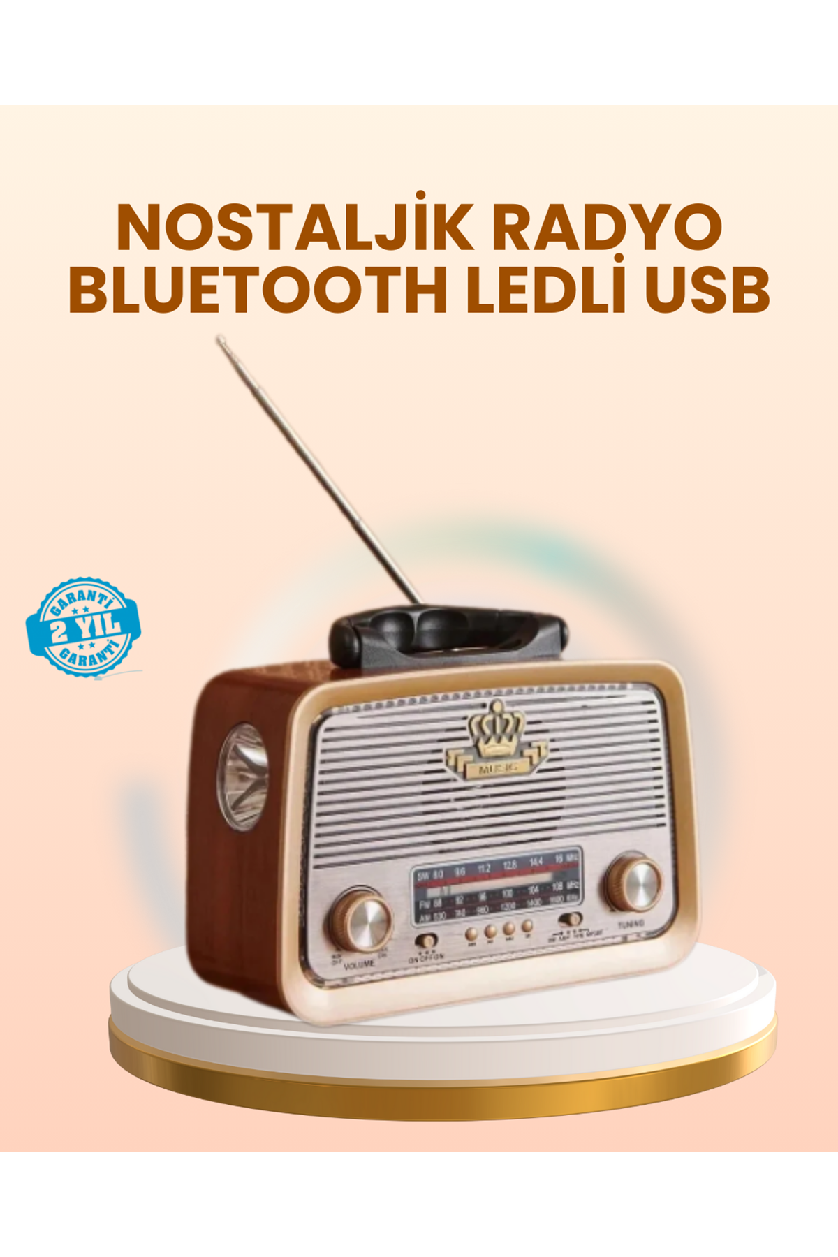 Eskitme Tasarımlı Ahşap Bluetooth Radyo LED Aydınlatmalı