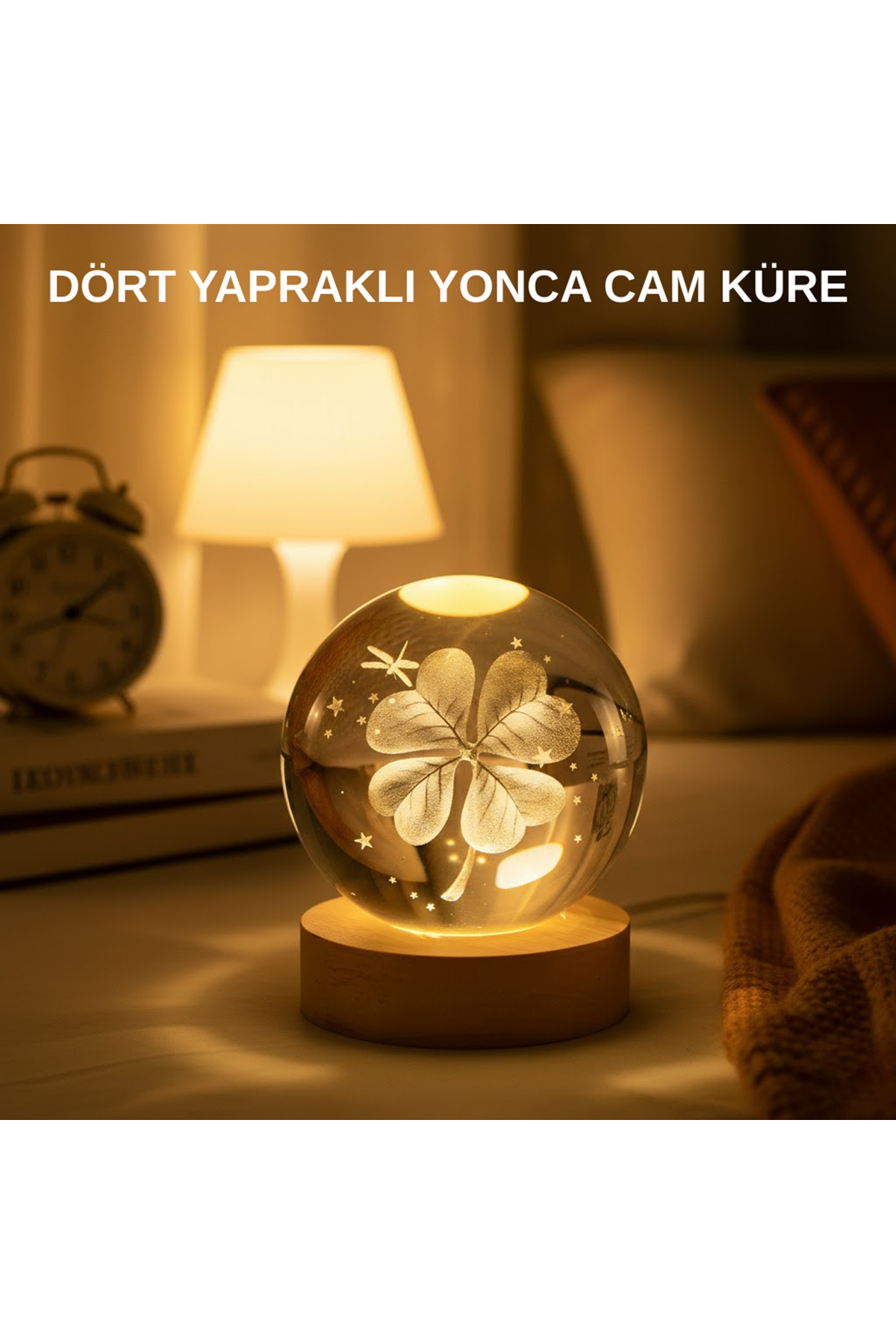 USB Bağlantılı Yonca Bitkili Cam Küre Ahşap Altlıklı Dekoratif Lamba