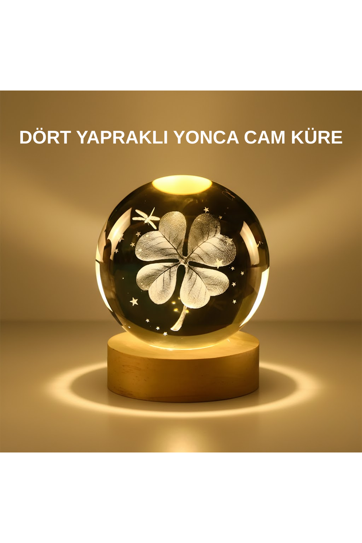 Dekoratif Yonca Görünümlü Işıklı Kristal Cam Küre USB Masa Gece Lambası