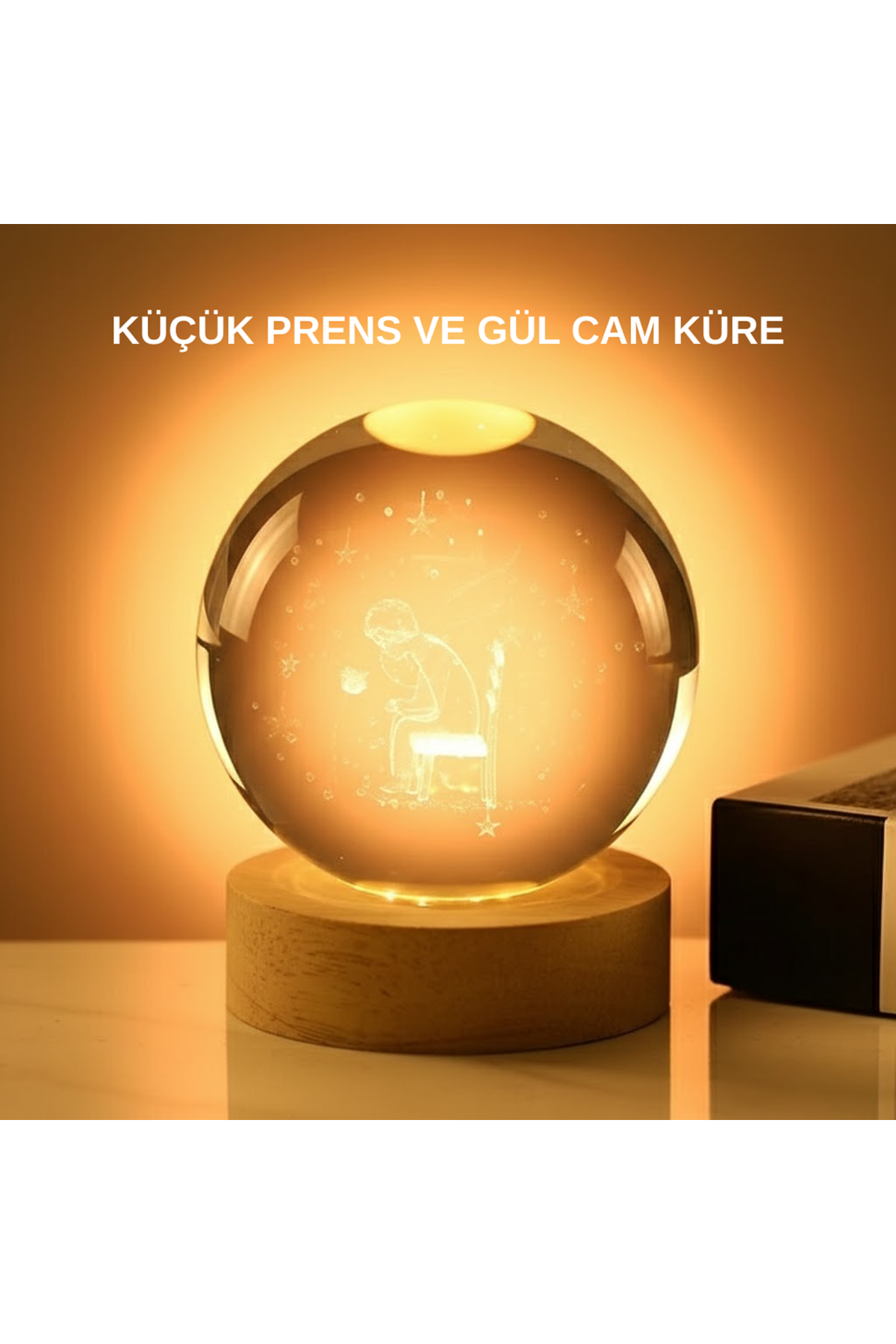 8 cm Küçük Prens Cam Küre USB Işıklı Ahşap Tabanlı Dekor