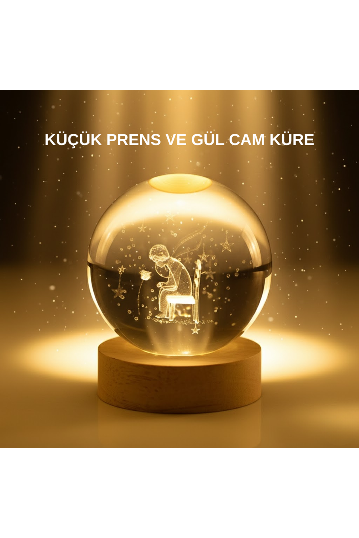 Küçük Prens Cam Küre USB Işıklı Ahşap Standlı Büyük Boy