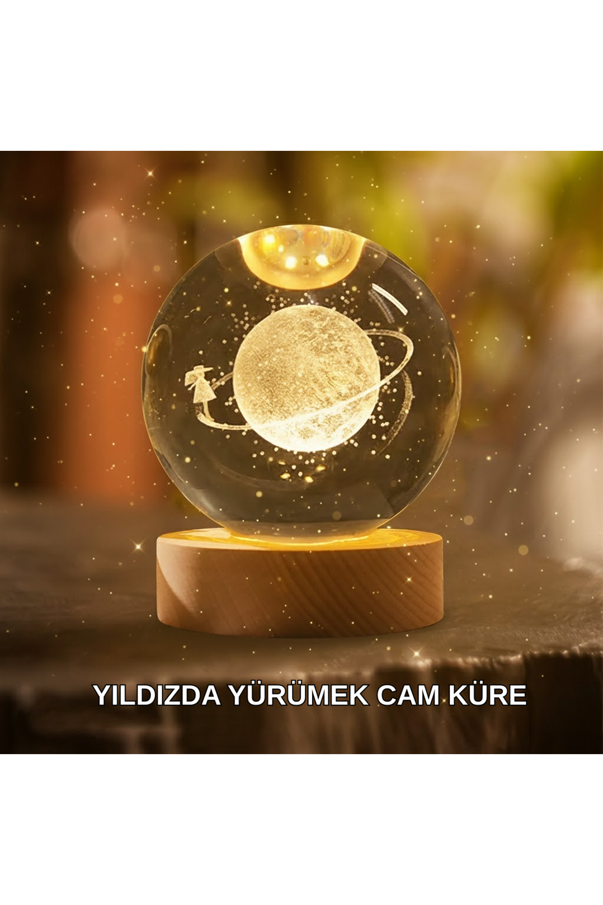Ahşap Standlı Sarı Işıklı Dekoratif Küre Kız Figürü Tasarım