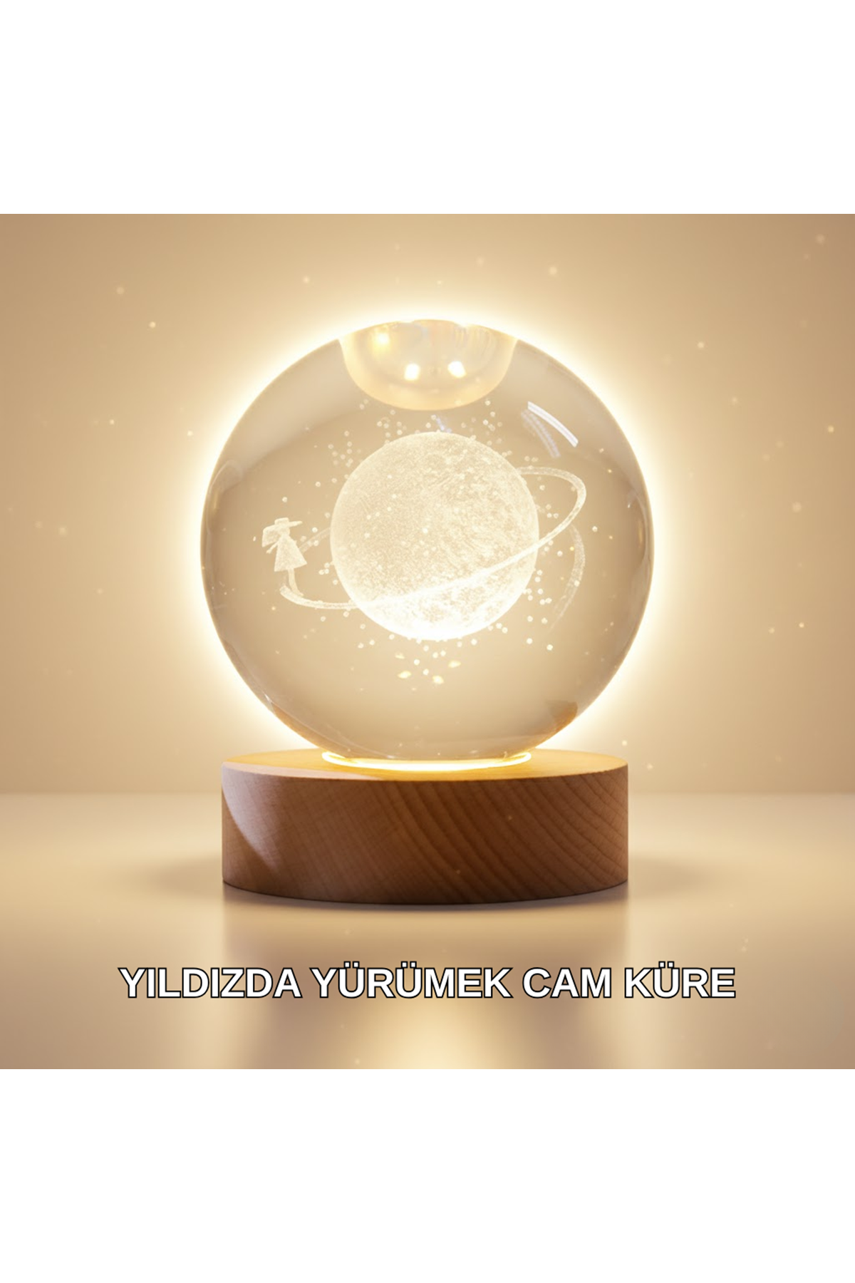 Ahşap Standlı Sarı Işıklı Dekoratif Küre Kız Figürü Tasarım