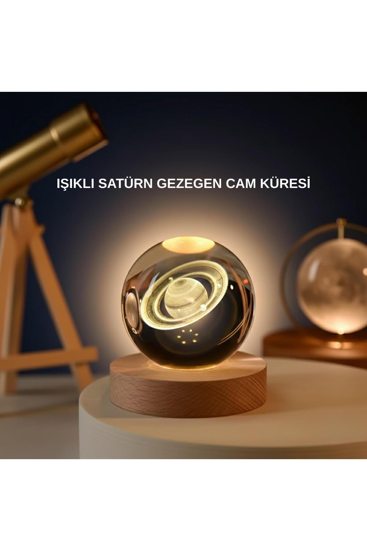 Satürn Gezegenli Kristal Küre LED Lamba USB’li Ahşap Standlı