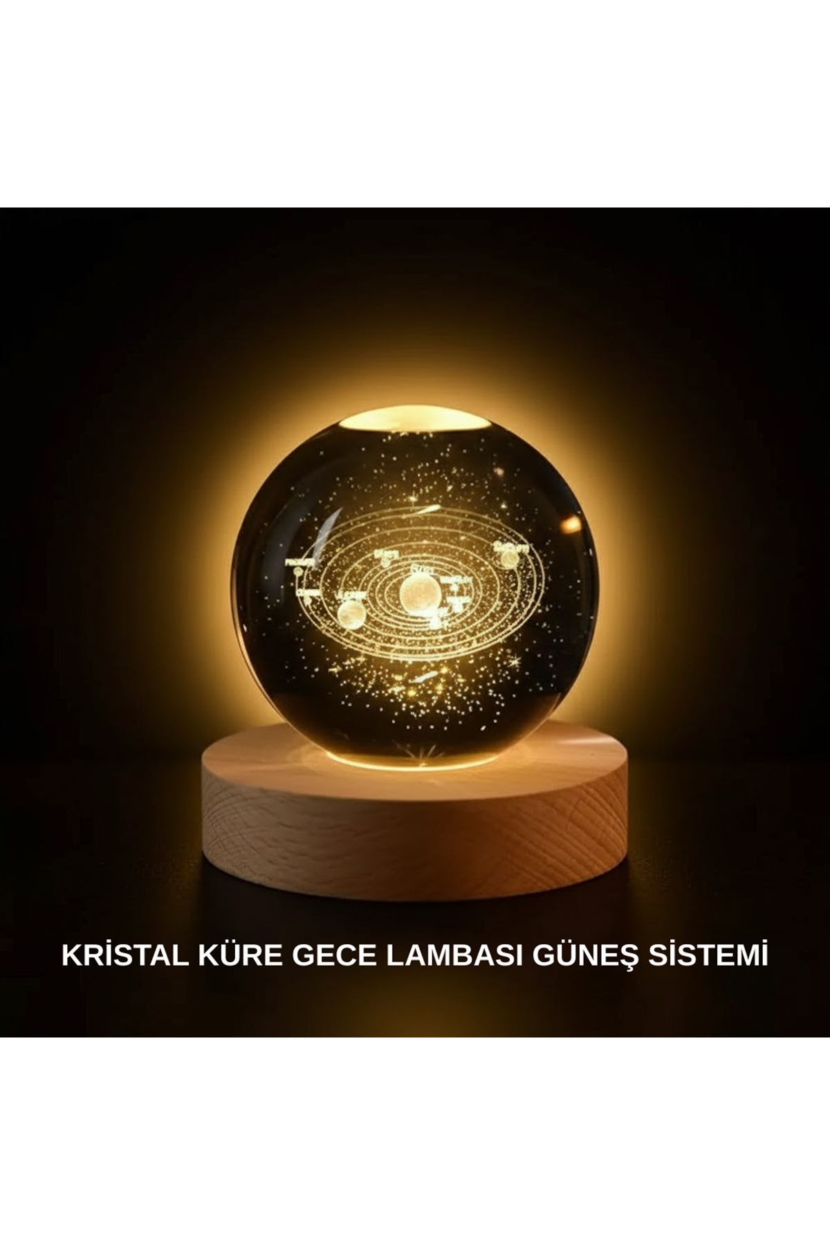 Ahşap Standlı LED Kristal Küre Lazer İşlemeli Dekoratif Obje