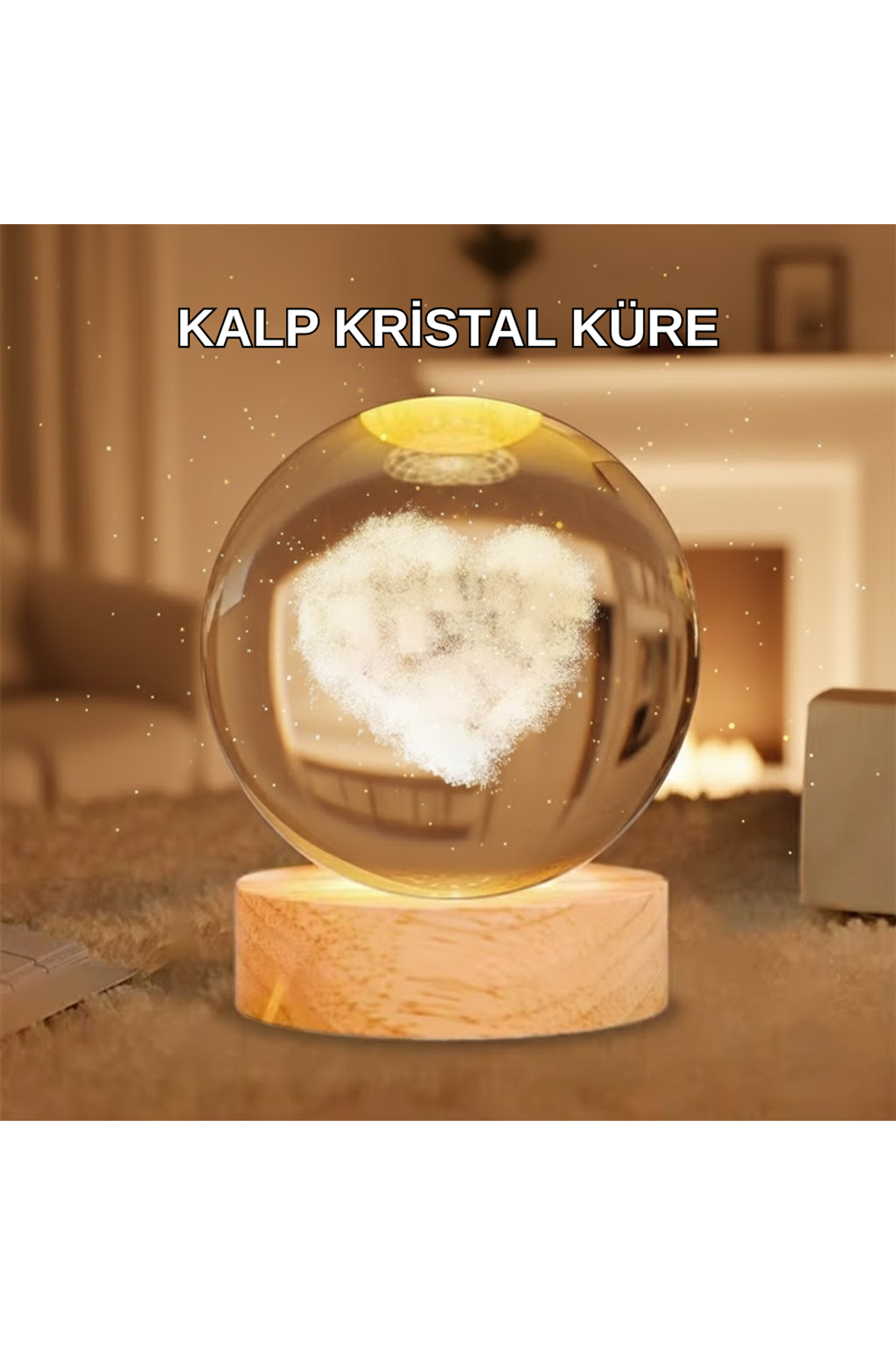Ahşap Standlı Kalp Motifli Işıklı Cam Küre Hediye Seçeneği