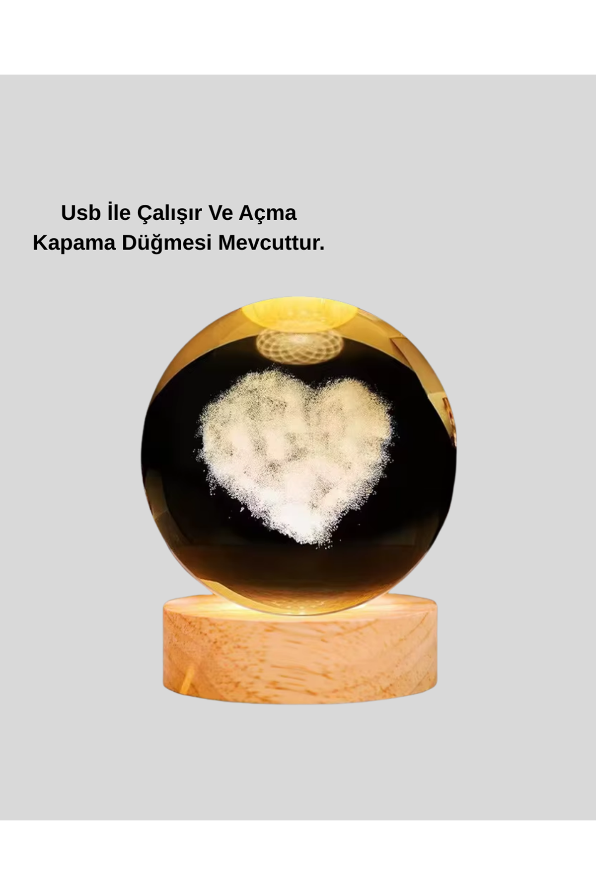 Romantik Kalpli Kristal Cam Küre USB’li Işıklı Dekoratif Obje