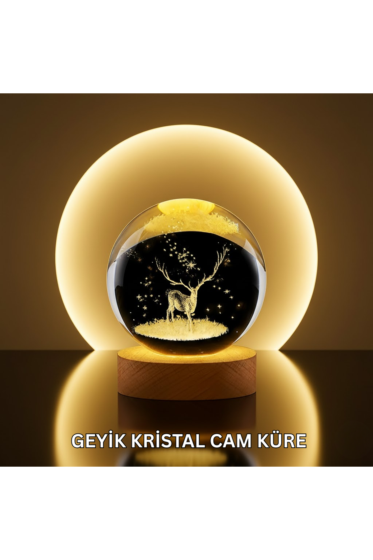Doğal Ahşap Standlı Geyik Figürlü Kristal Küre LED Dekoratif Lamba