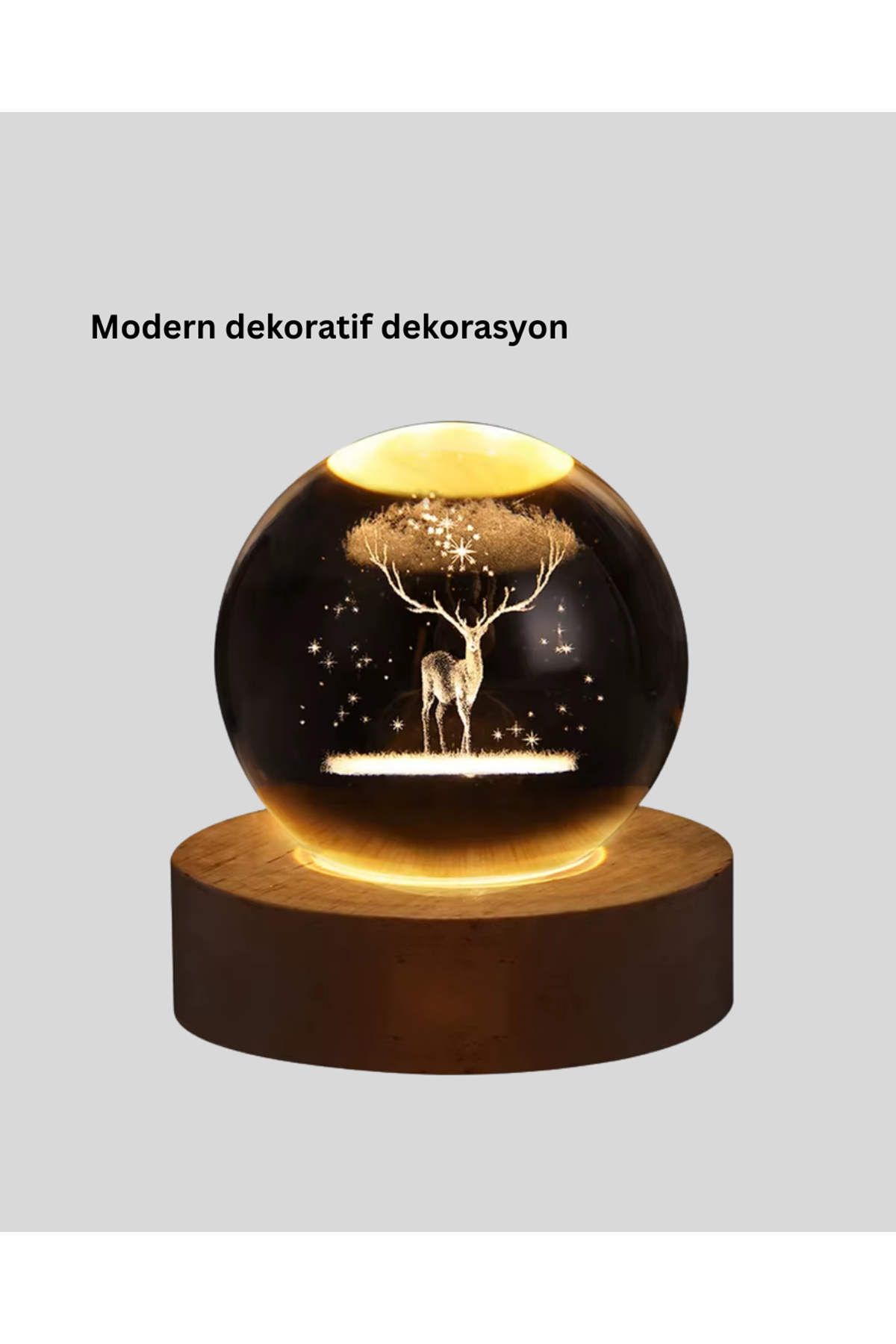 Doğal Ahşap Standlı Geyik Figürlü Kristal Küre LED Dekoratif Lamba