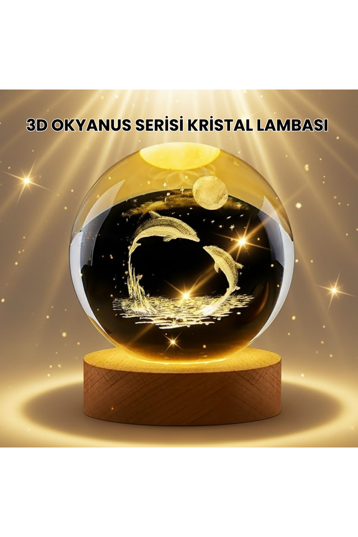 Lazer İşlemeli Yunus Kristal Küre Sıcak Işıklı Ahşap Standlı