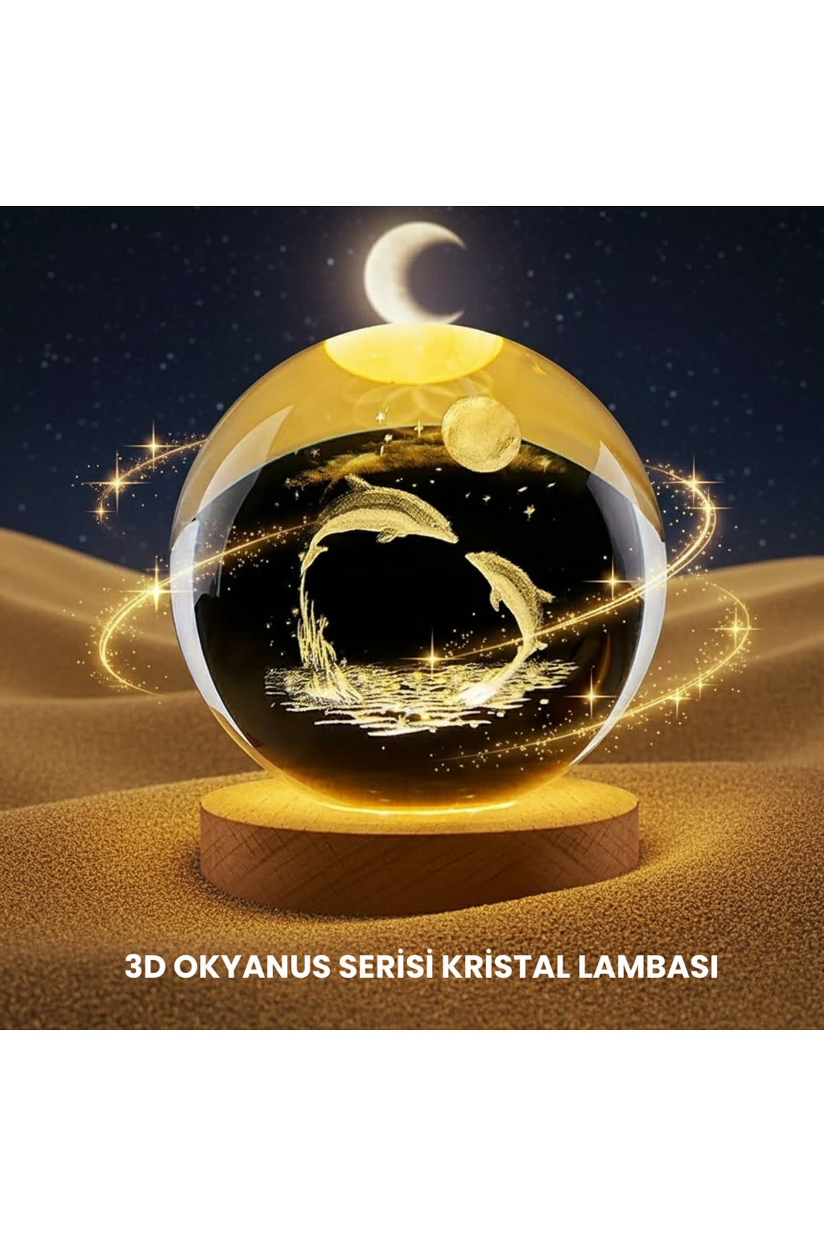 Yunus Temalı Kristal Küre USB Işıklı Ahşap Altlıklı Gece Lambası