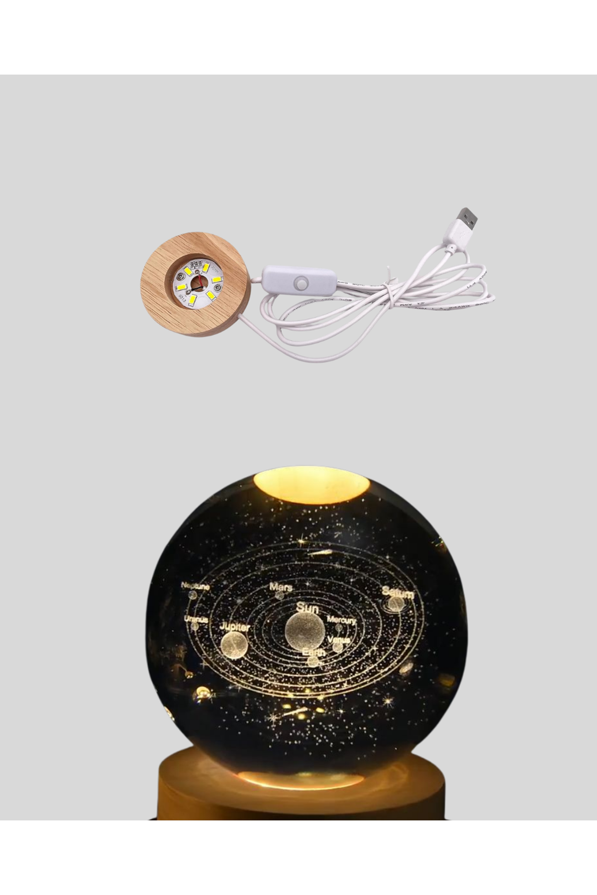 USB Bağlantılı Işıklı Kristal Küre Modern Ahşap Tabanlı Dekor