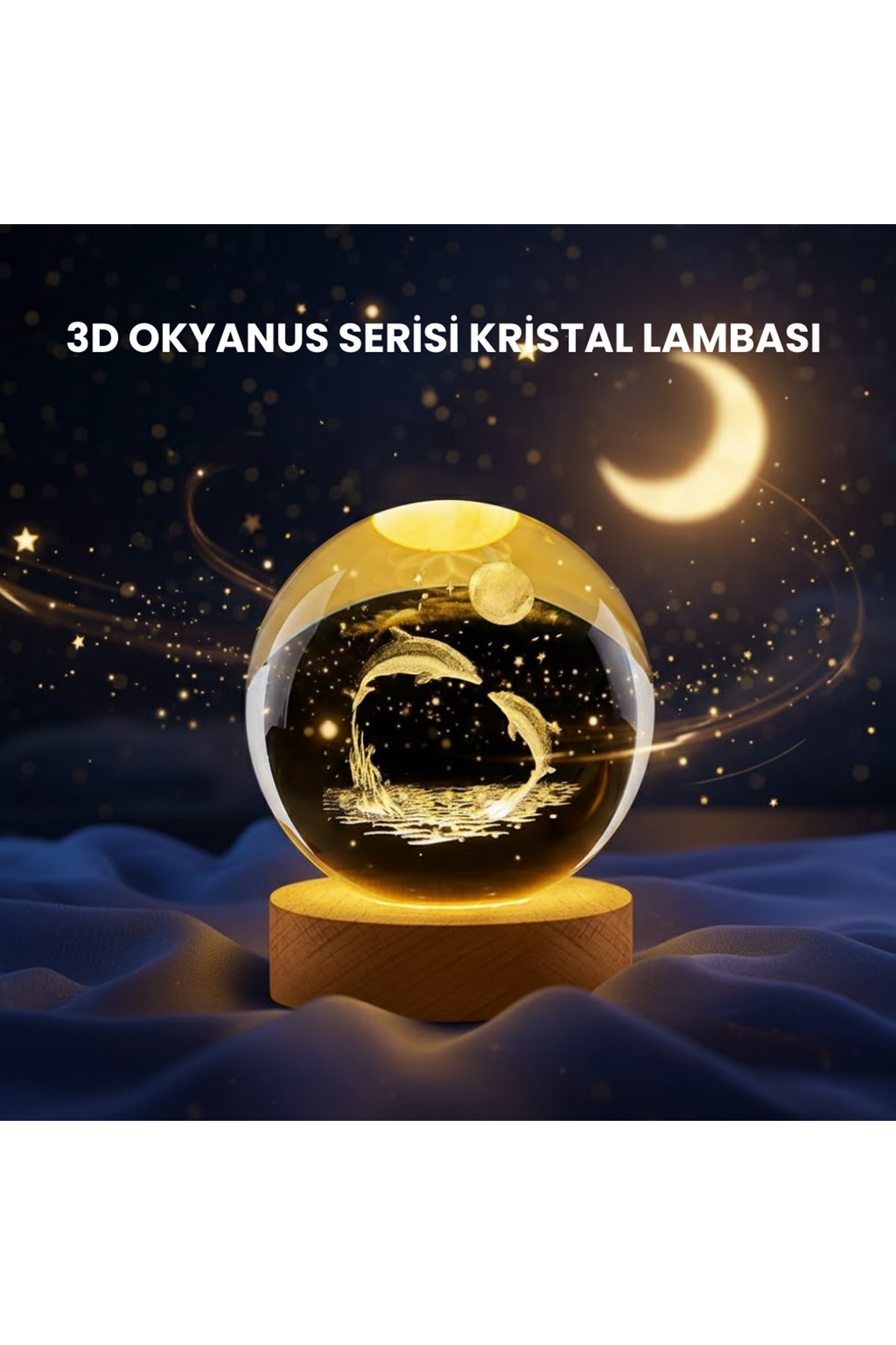Yunus Figürlü LED Kristal Küre Ahşap Standlı Dekoratif Gece Lambası