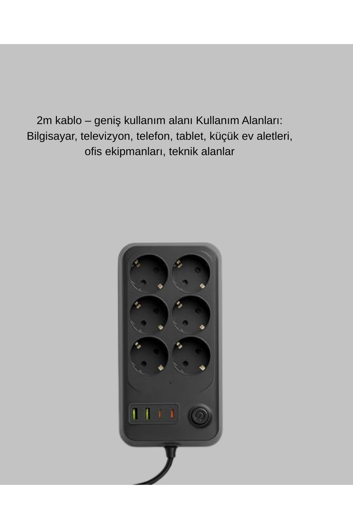 6 Prizli Çoklu Uzatma Kablosu USB Type-C Hızlı Şarj Termal Koruma