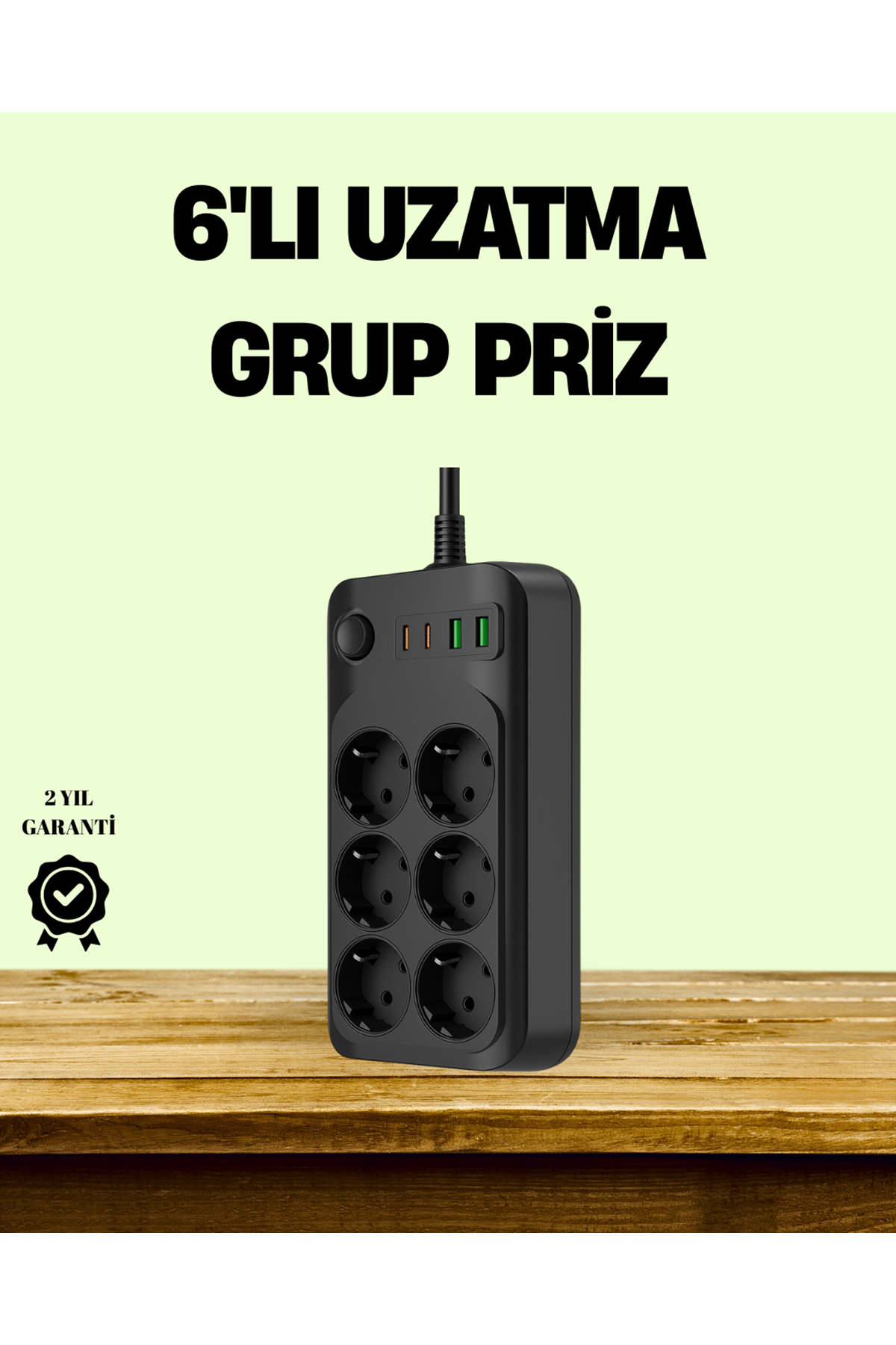 2500W Güçlü 6’lı Priz USB ve Type-C Çıkışlı Termal Korumalı
