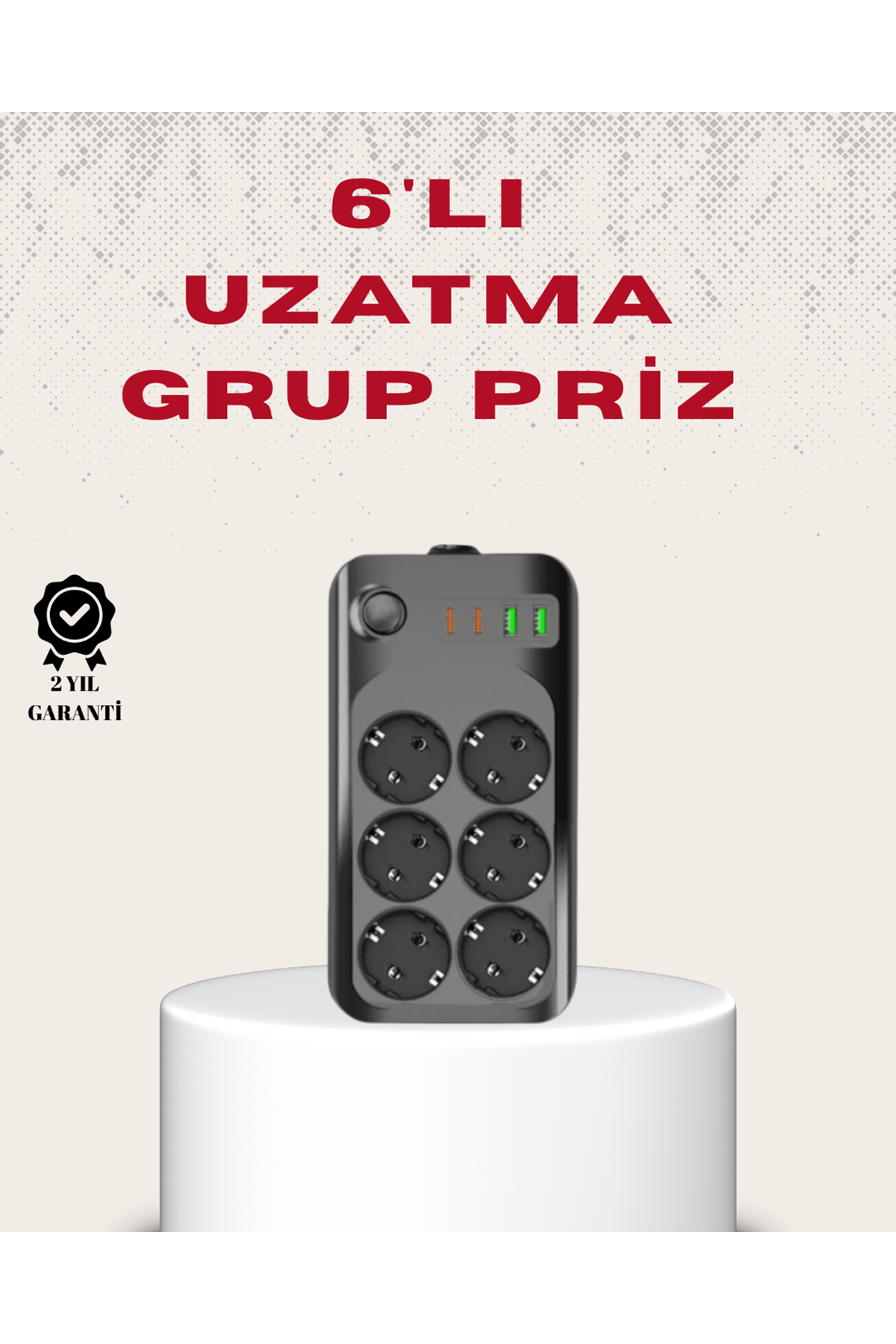 6’lı Grup Priz Termal Korumalı USB Type-C Çoklu Priz 2 Metre Kablo