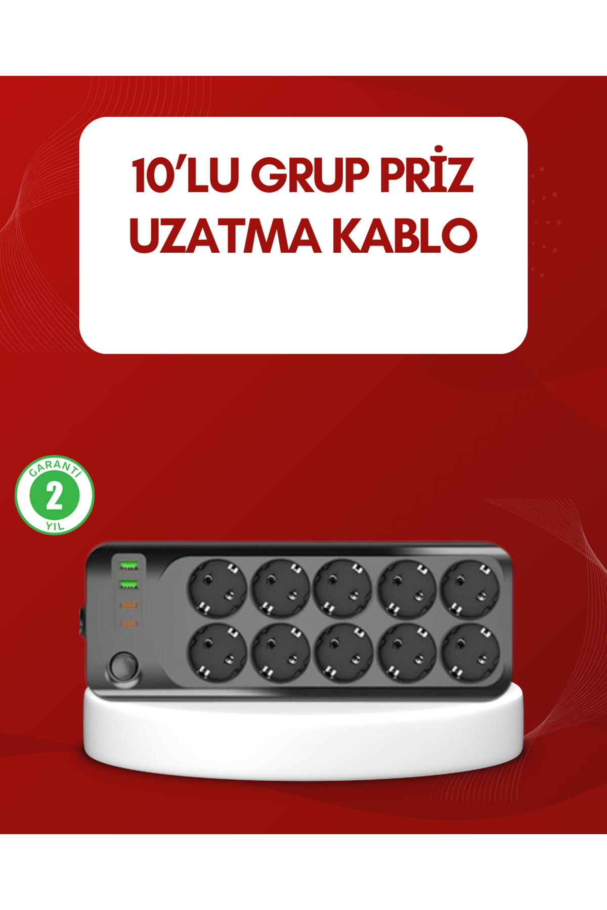 USB Type-C Destekli 10’lu Grup Priz Termal Korumalı 2m Kablo 2500W