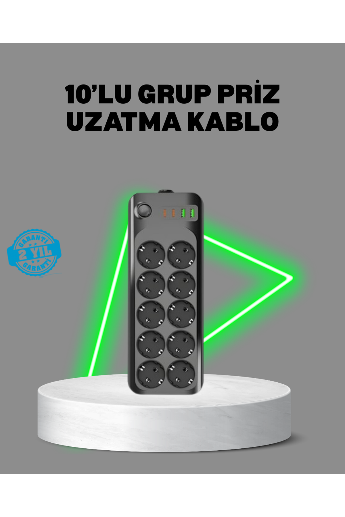 Termal Akım Korumalı 10’lu Grup Priz USB Type-C Hızlı Şarj 2500W 2m Kablo
