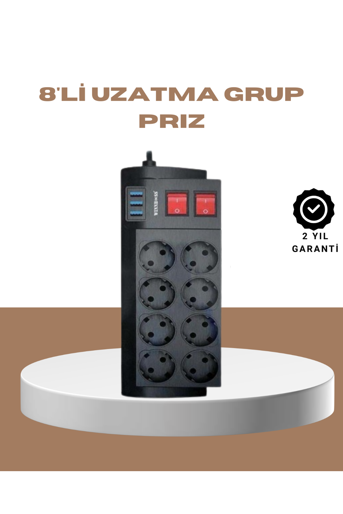 Güçlü Termal Korumalı 8 Priz + 3 USB Çoklu Uzatma Kablosu 2m