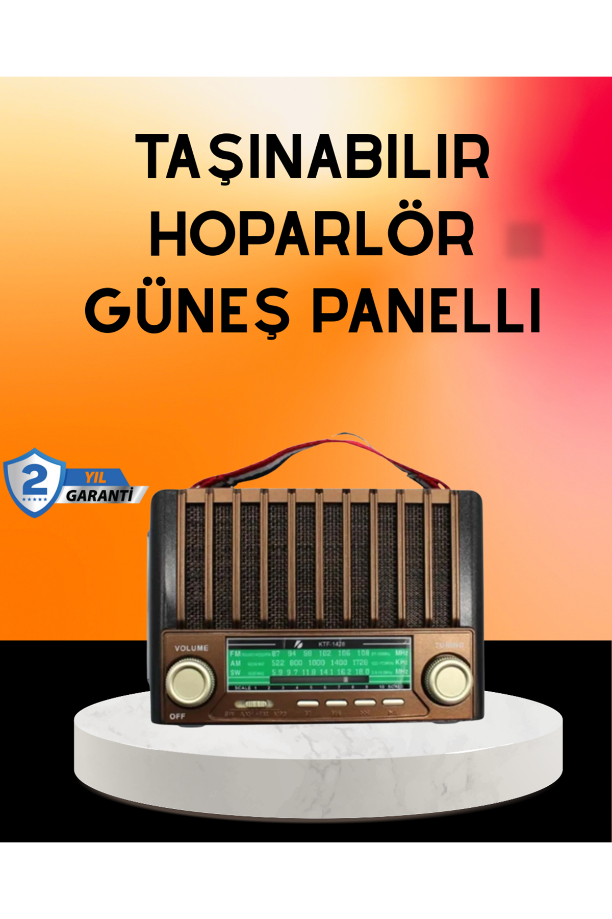 Solar Şarjlı Taşınabilir Radyo Bluetooth Hoparlör USB SD Destekli