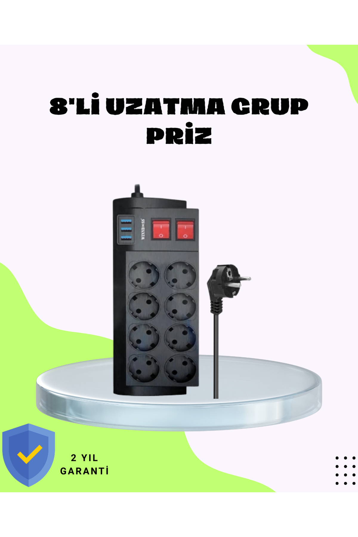 Termal Korumalı 8 Prizli 3 USB’li Uzatma Kablosu