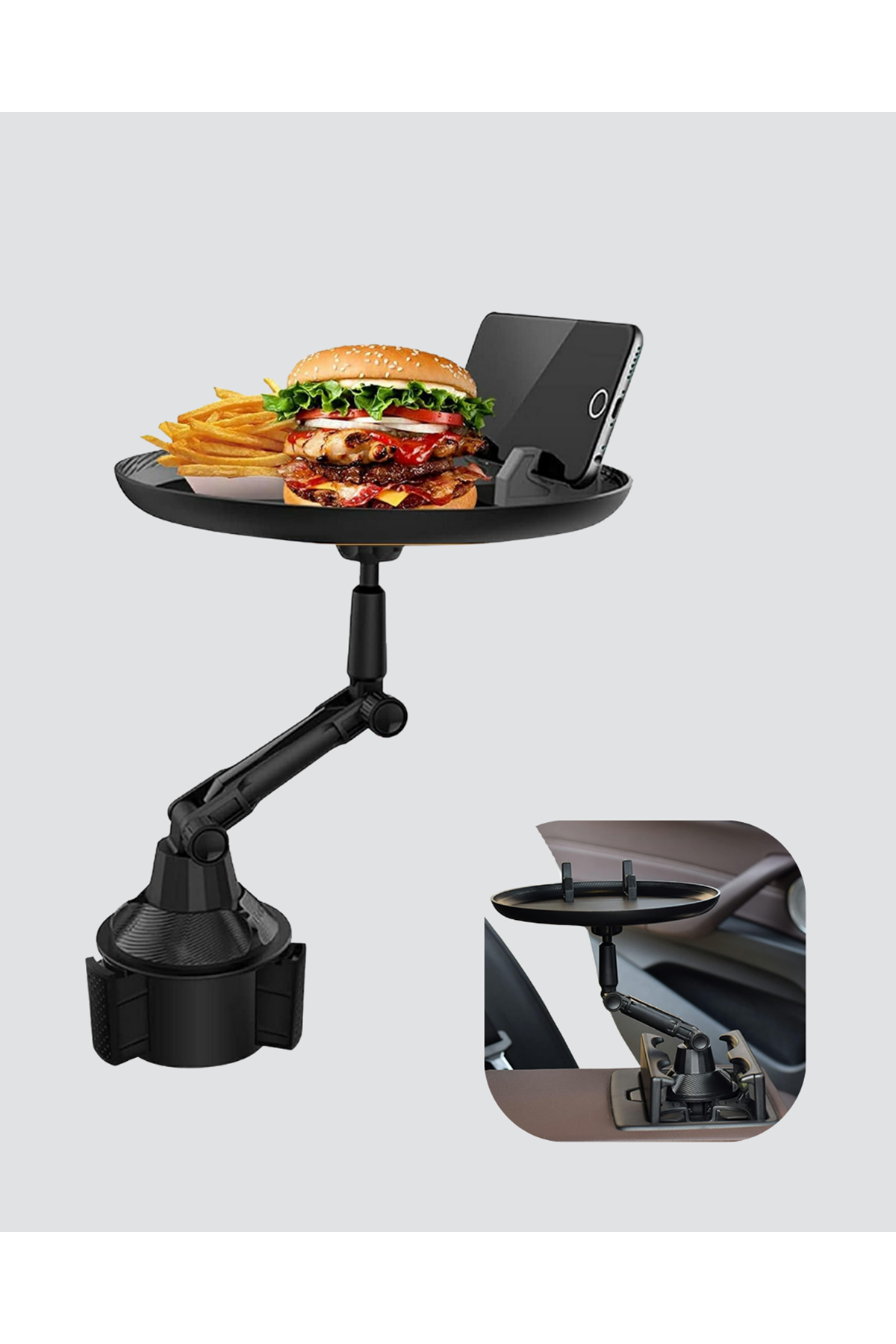 360° Döner Araç Bardaklık Tepsisi Geniş Yemek Alanlı Telefon Standlı