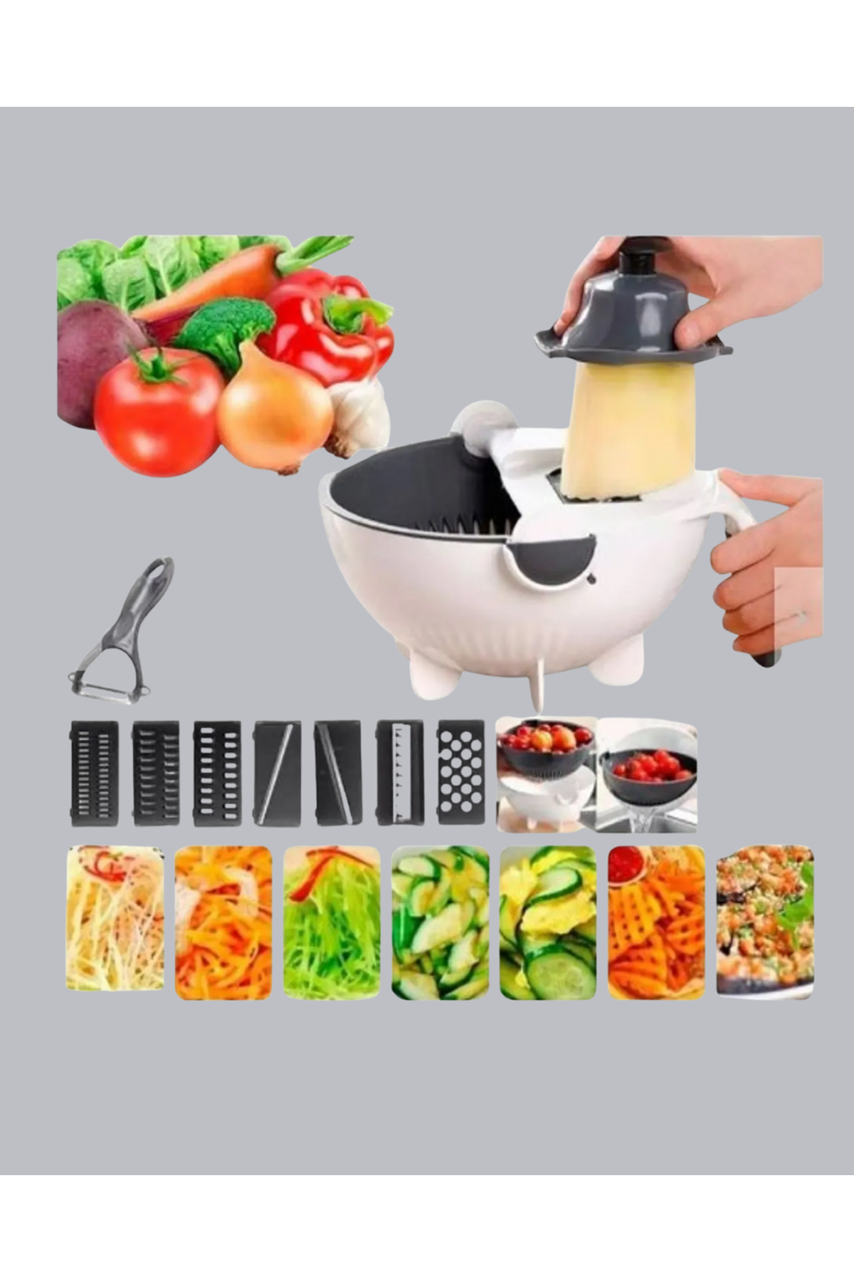 5 Fonksiyonlu Döner Rende Süzgeçli Çok Amaçlı Sebze Doğrayıcı Kaymaz Tabanlı