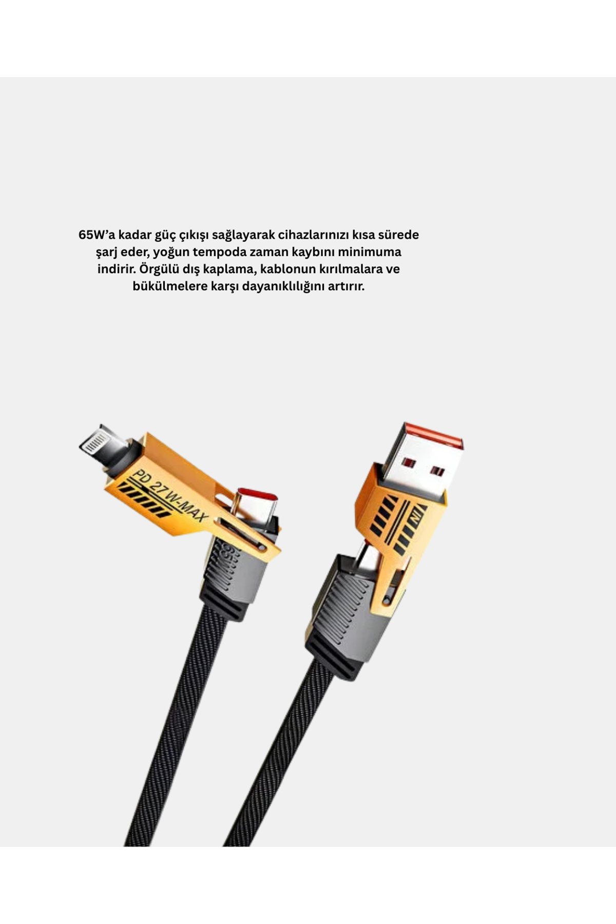 65W Çoklu Şarj Kablosu 4’ü 1 Arada Örgülü Hızlı Veri Aktarım USB-C USB-A