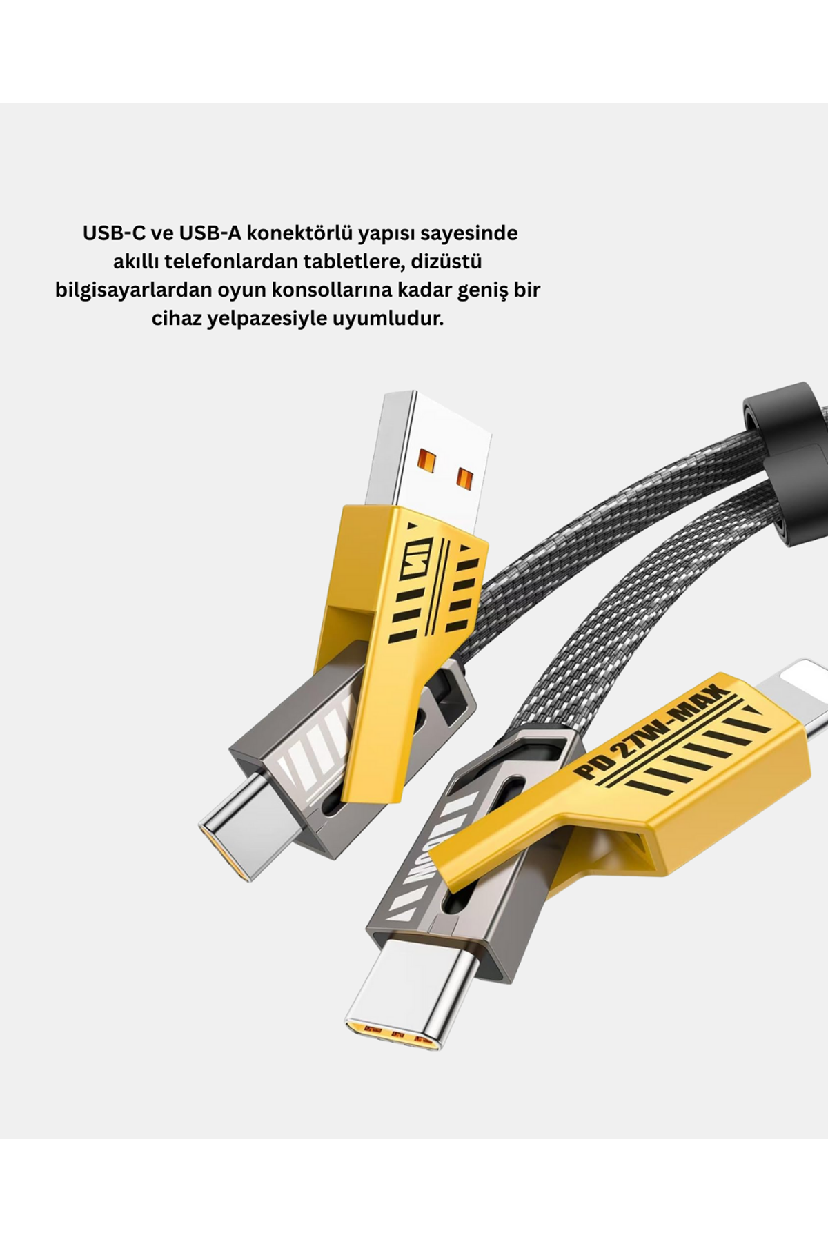 65W 4’ü 1 Arada Örgülü Hızlı Şarj Kablosu USB-C USB-A Çoklu Şarj Dayanıklı