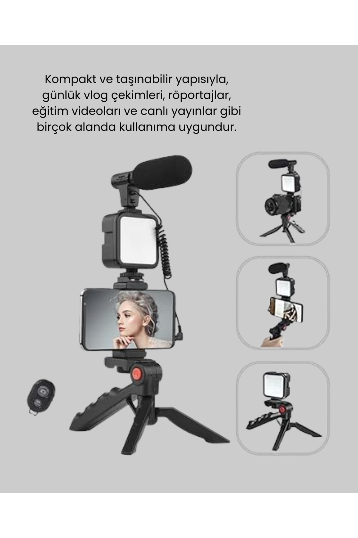 Telefon Video Çekim Kiti LED Aydınlatma Mikrofon Tripodlu Tam Set