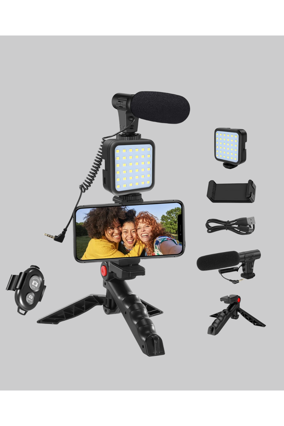 Profesyonel Vlog Çekim Kiti LED Işıklı Tripod Mikrofonlu Telefon Seti