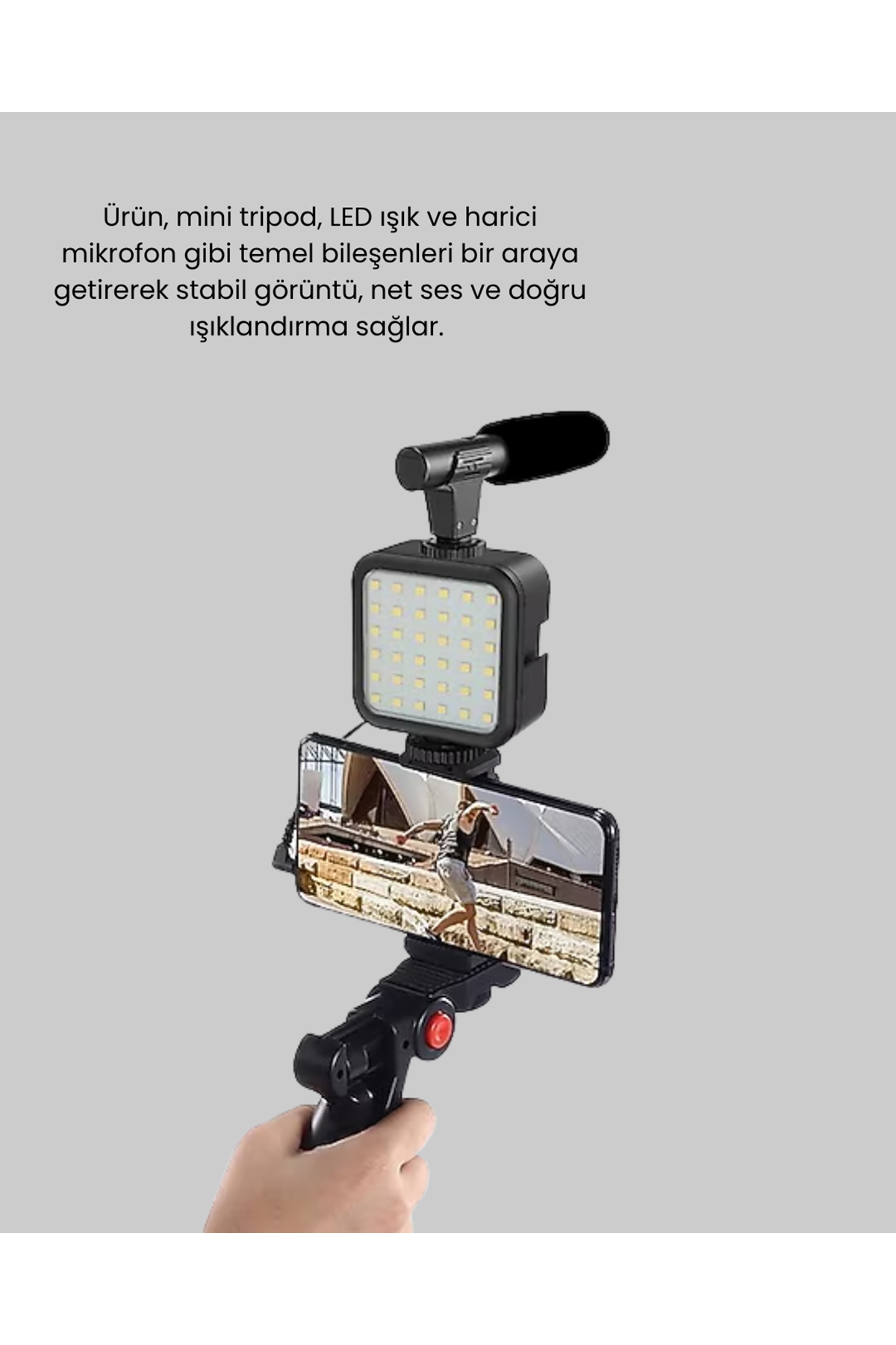 Profesyonel Vlog Çekim Kiti LED Işıklı Tripod Mikrofonlu Telefon Seti