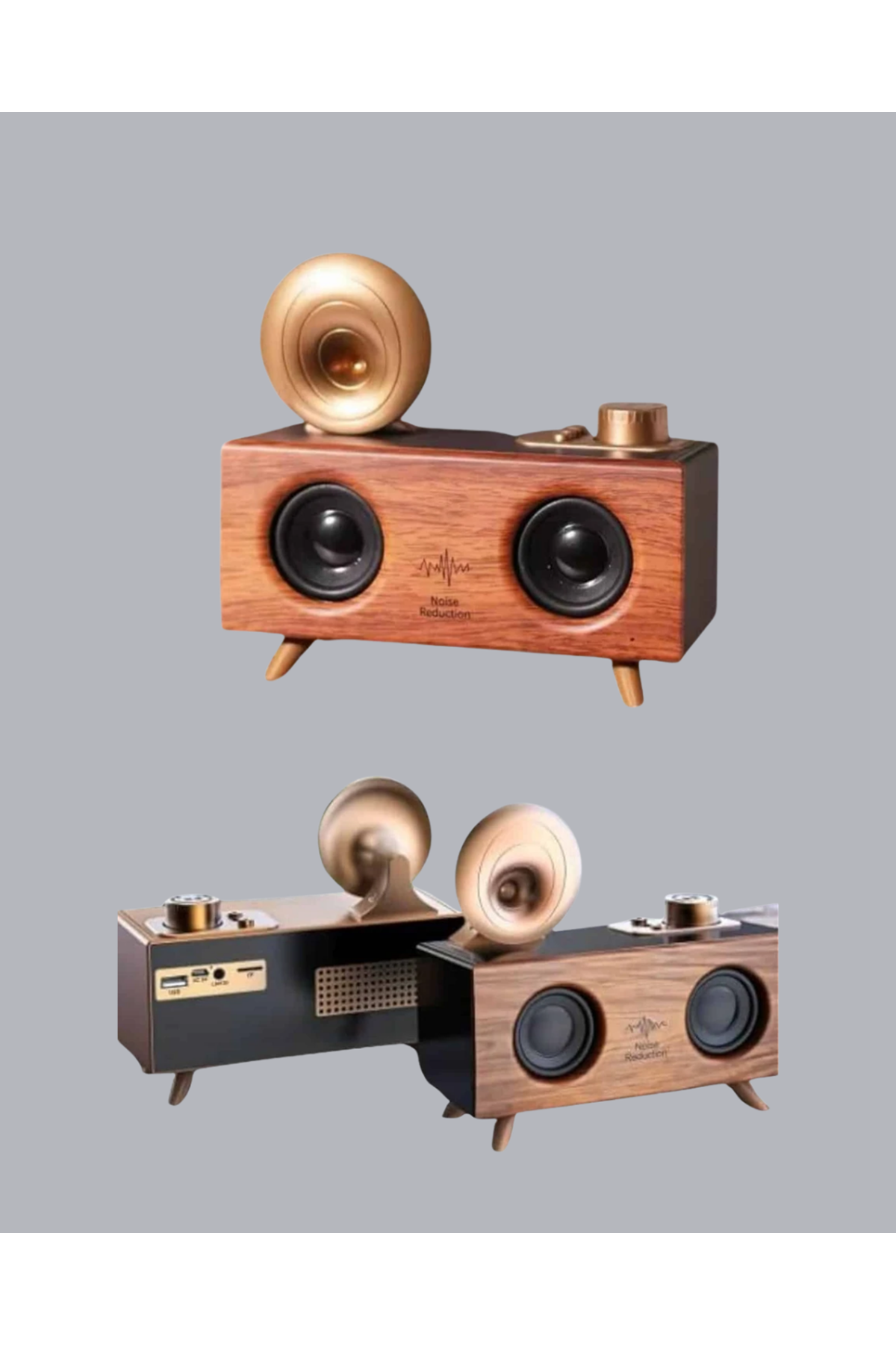 Retro Gramafon Bluetooth Hoparlör Çift Stereo Sesli FM Radyo Destekli