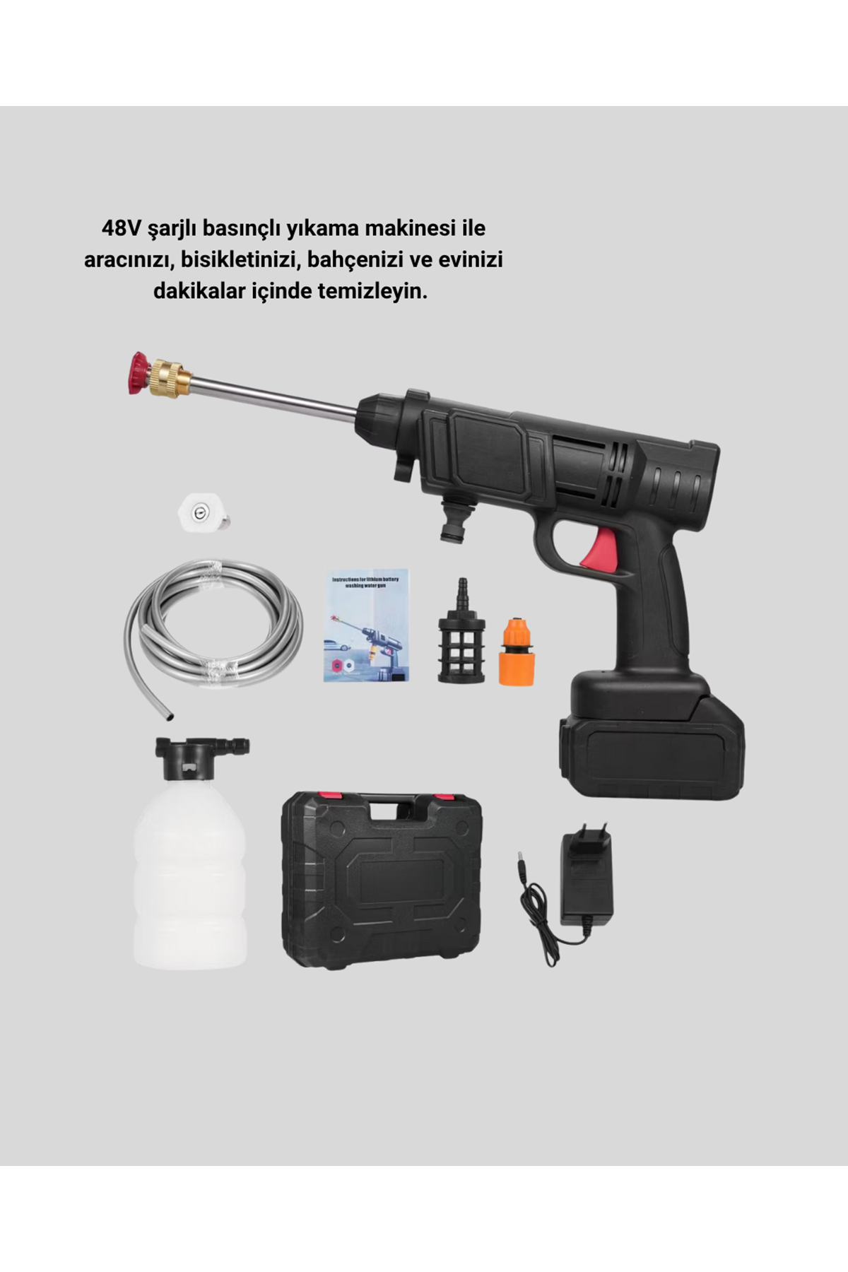 Kablosuz Basınçlı Yıkama Makinesi – 48V Güçlü Motor, 2 Pil ve Köpük Hazneli