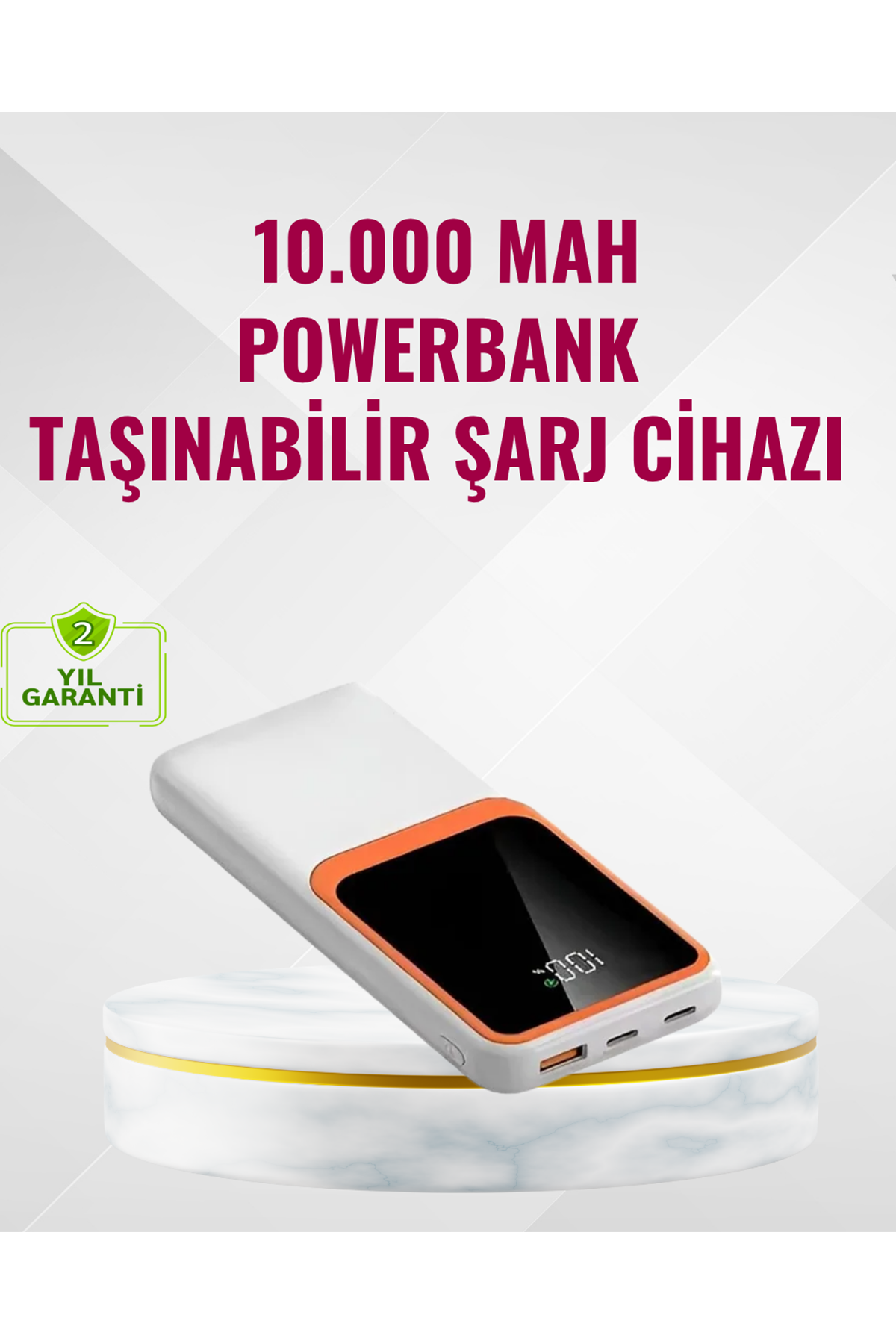 Powerbank 10000 mAh – Çift USB Çıkışlı, Type-C Girişli, Şık Beyaz Tasarım