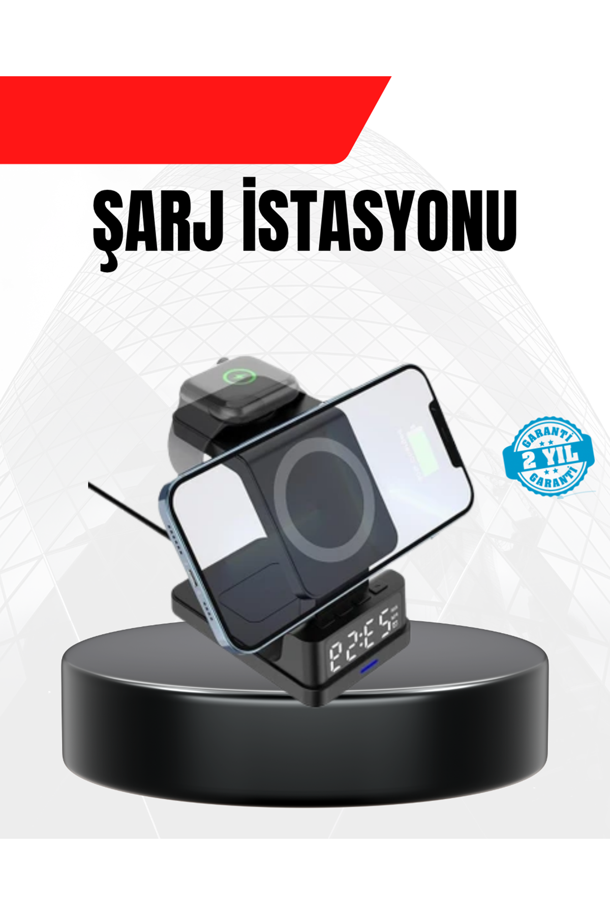 LED Dijital Saatli Kablosuz Şarj Cihazı – 3 Parlaklık Ayarlı, Şarj Koruma Teknolojili