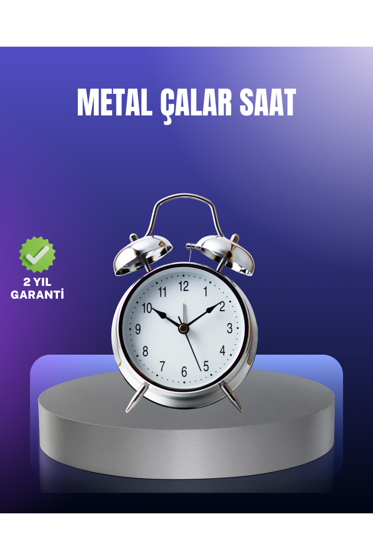 Yuvarlak Gümüş Dekoratif Işıklı Masa Üstü Saat Alarmlı Sessiz Çalışma
